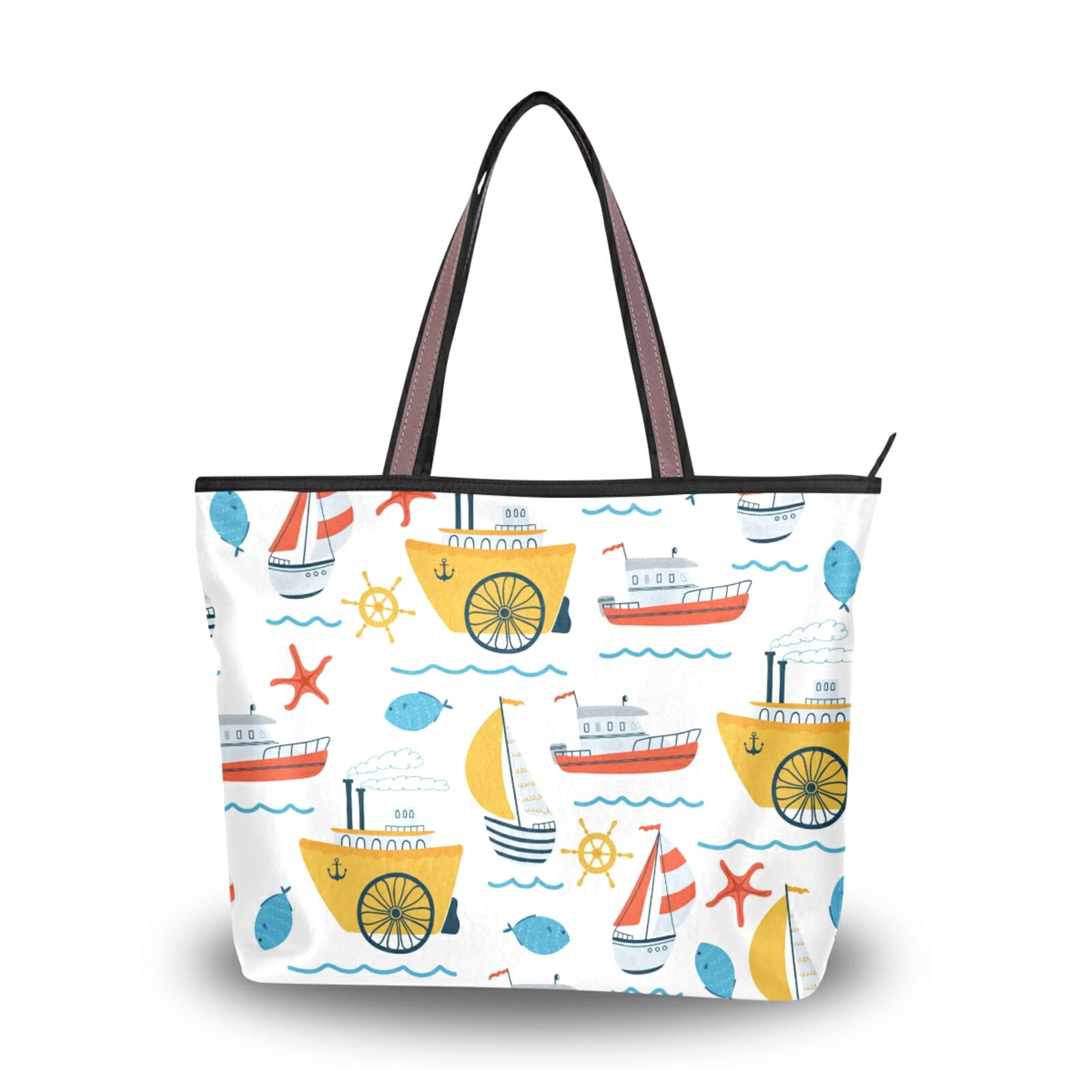 Women's Reusable Sailing Ship Print Tote Bag - Stylish Shoulder Handbag for Beach, Travel & Everyday Use | Eco-Friendly Canvas Beach Tote with Spacious Design for Shopping, Work & Outings