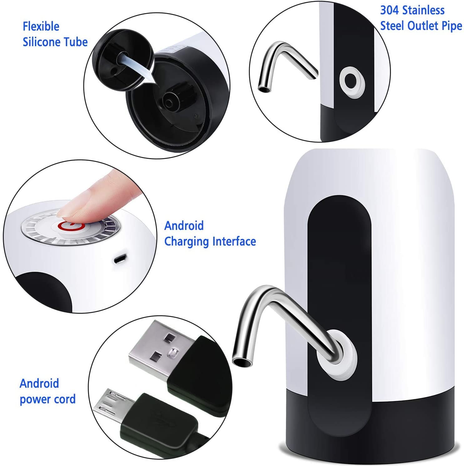 VASLON Electric Water Bottle Pump - Portable USB Charging Automatic Water Dispenser for 5 Gallon Bottles - Ideal for Home, Office, Camping & Travel (White)