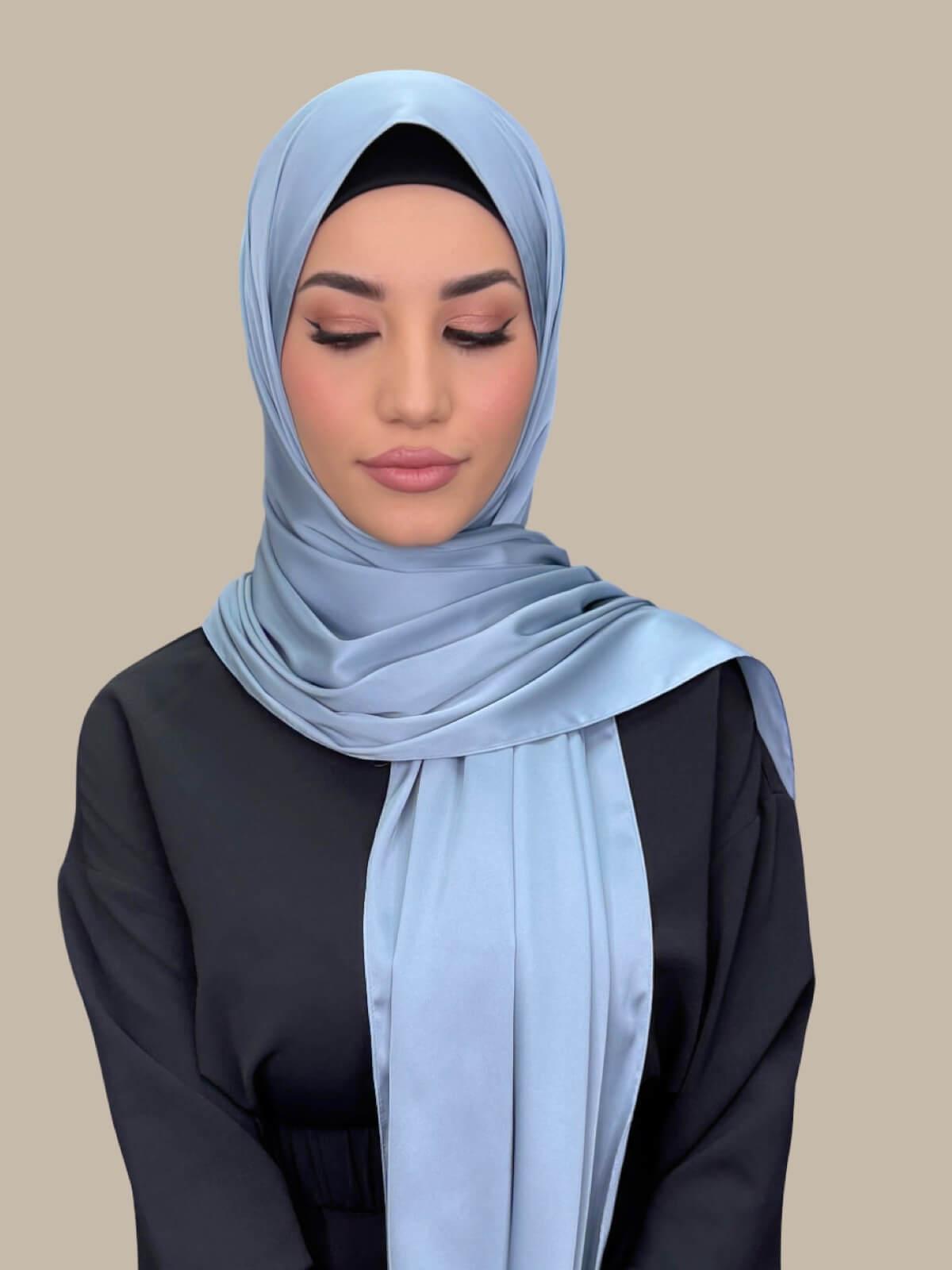 Luxury Satin Hijab Scarf - Soft Denim Blue Modest Muslim Headscarf for Women - Perfect for Daily Wear, Prayer, and Special Occasions