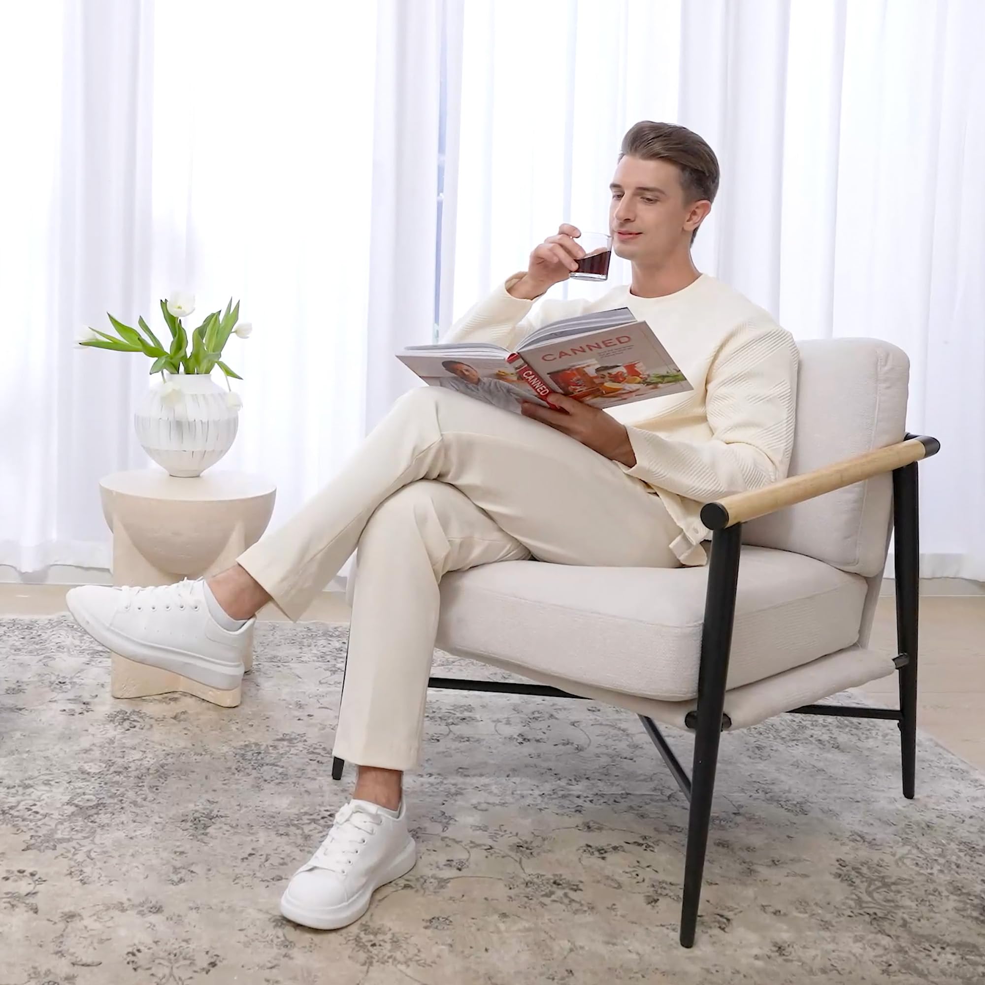 Watson & Whitely Mid Century Modern Accent Chair - Upholstered Lounge Armchair with Sturdy Metal Frame & Wooden Armrests - Comfortable Reading Chair for Living Room, Bedroom, Office - Perfect for Relaxing, Reading & Home Decor (White)