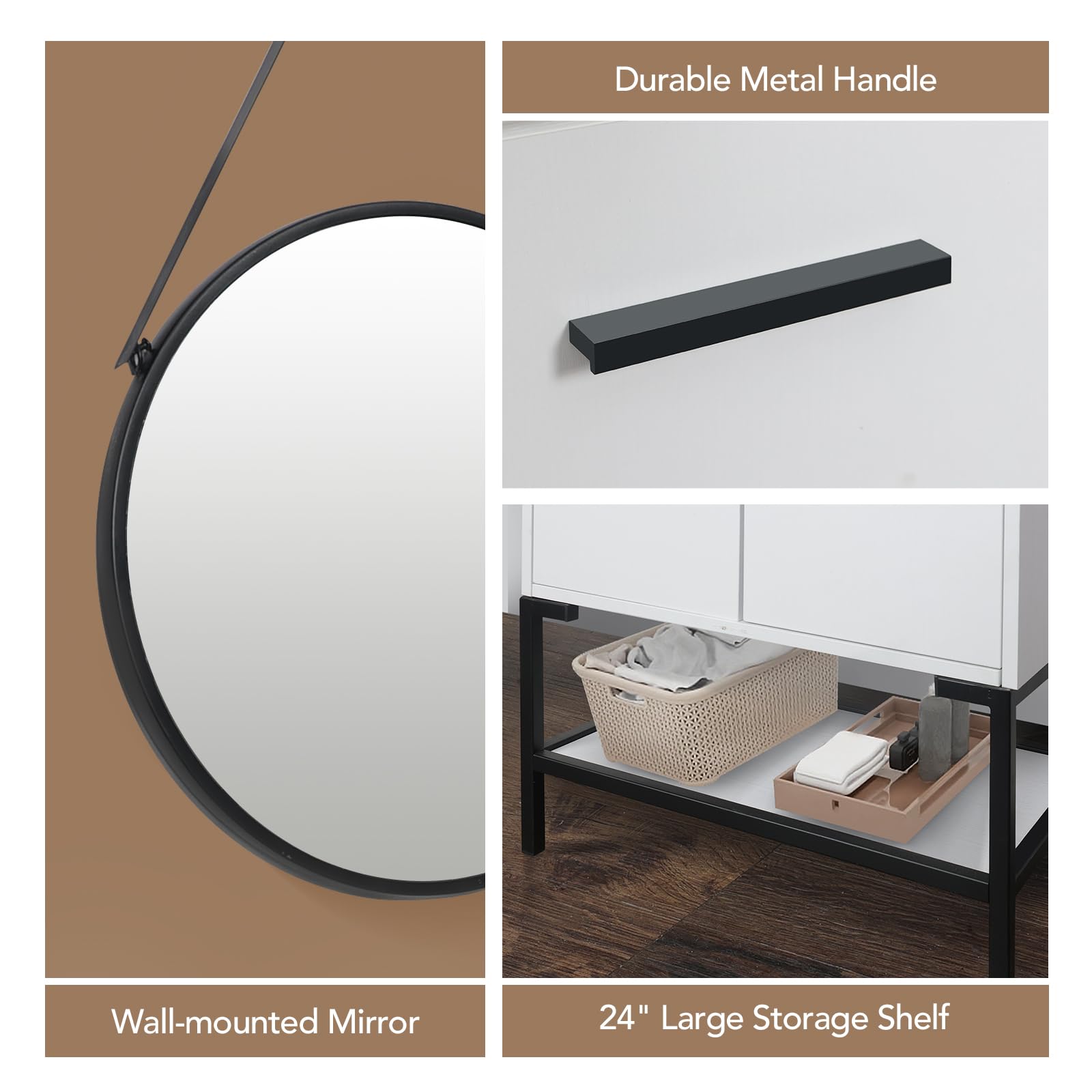 YOURLITE 24 Inch Modern White Bathroom Vanity Set with Mirror, Ceramic Vessel Sink & Faucet - Stylish Space-Saving Design for Small Bathrooms, Powder Rooms & Apartments