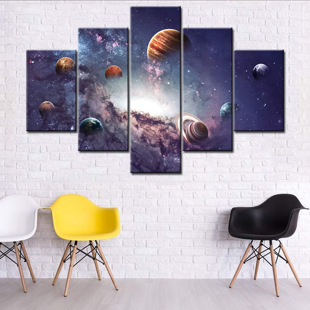 Large Modern Giclee Canvas Wall Art - 5 Panel Universe Galaxy Planets Space Painting | Stellar Nebula Home & Office Decor | Ready to Hang 60x40 Inches | Perfect for Living Room, Bedroom or Workspace