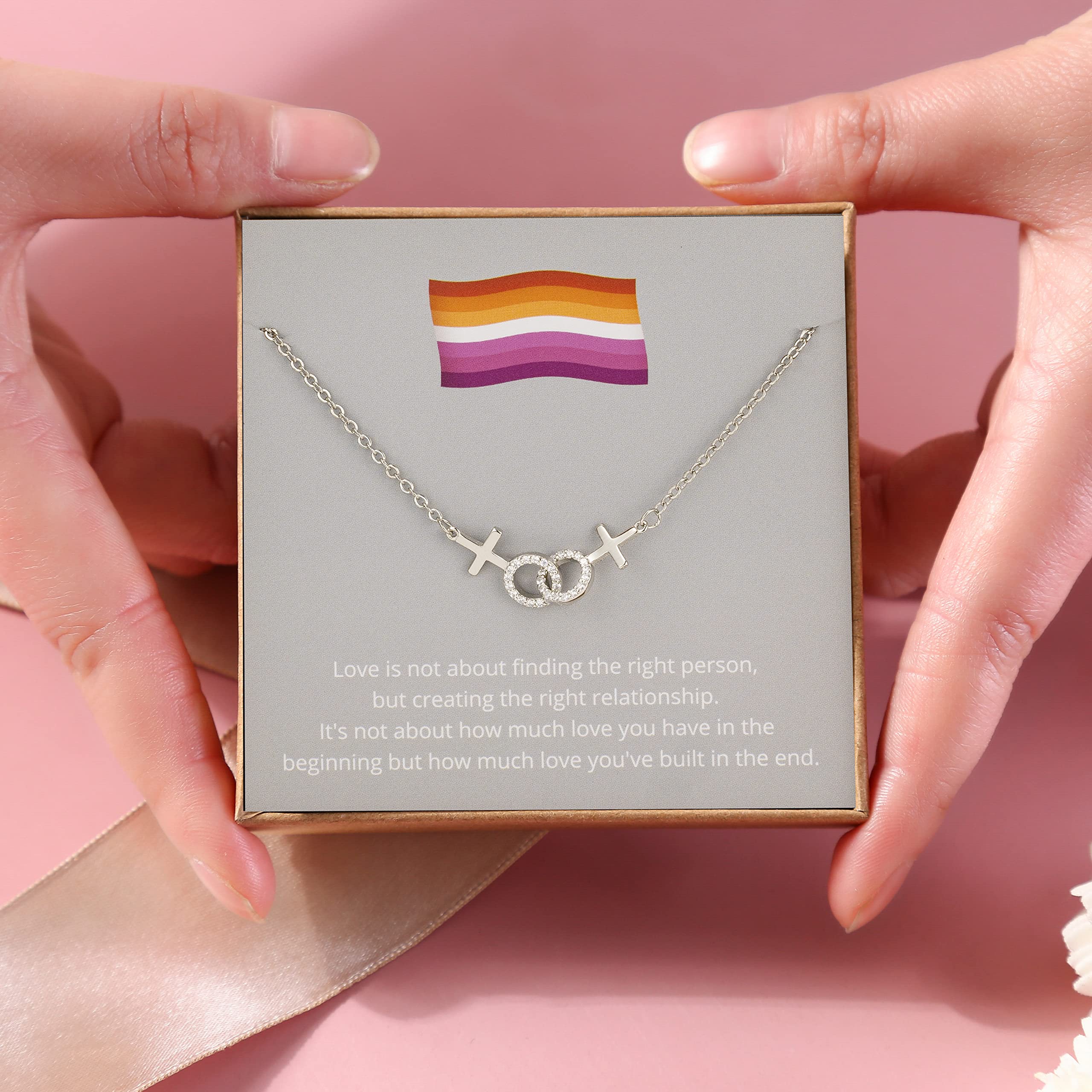 Lesbian Pride Necklace - LGBT Rainbow Rhinestone Silver Pendant Jewelry Gift for Women - Perfect for Pride Month, Coming Out, Anniversaries & LGBTQ+ Celebrations