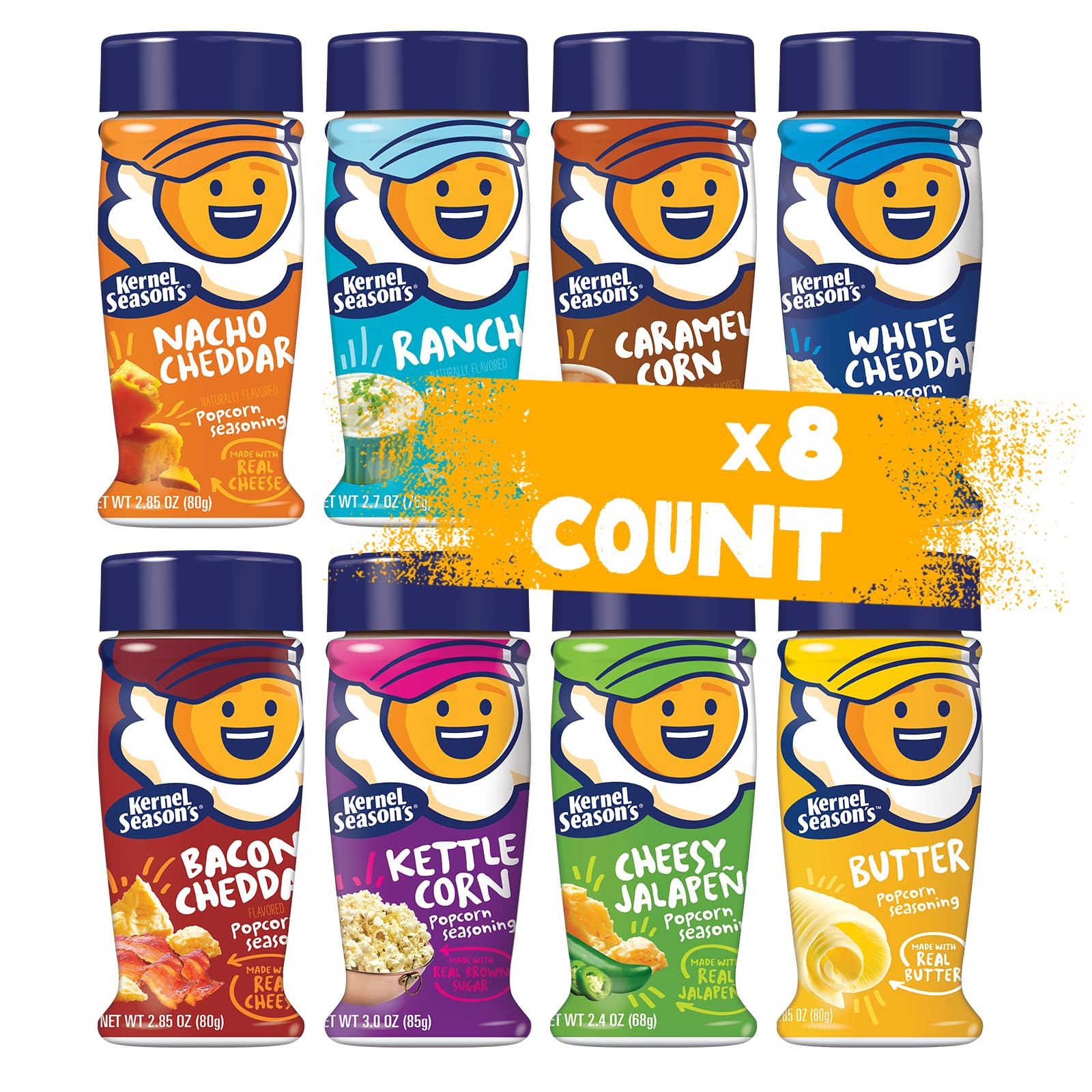 Kernel Season's Popcorn Seasoning Variety Pack - 8 Full Size Jars (White Cheddar, Butter, Nacho Cheese & More) | Perfect for Movie Nights, Snack Time & Party Favors