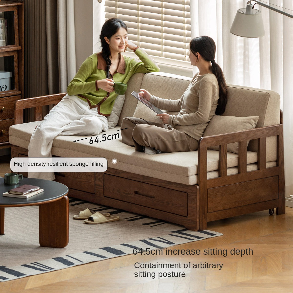 Solid Oak Wood Folding Sofa Bed with Storage | Convertible Guest Bed & Space-Saving Furniture for Small Apartments, Living Rooms & Home Offices