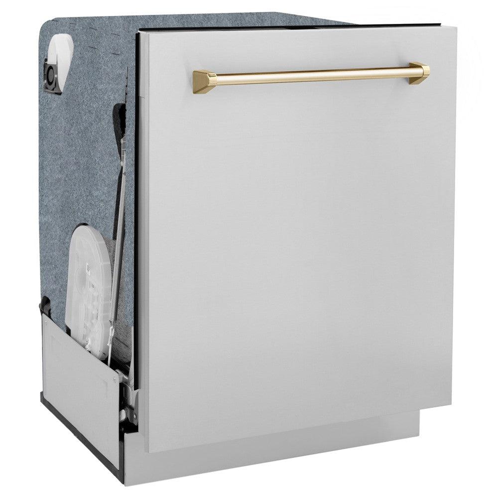 ZLINE Autograph Edition 24 Inch Stainless Steel Dishwasher with Polished Gold Handle - 3rd Rack, Top Touch Controls, 45dBA Ultra Quiet - Perfect for Modern Kitchens & Open Concept Homes (Model DWMTZ 304 24 G)