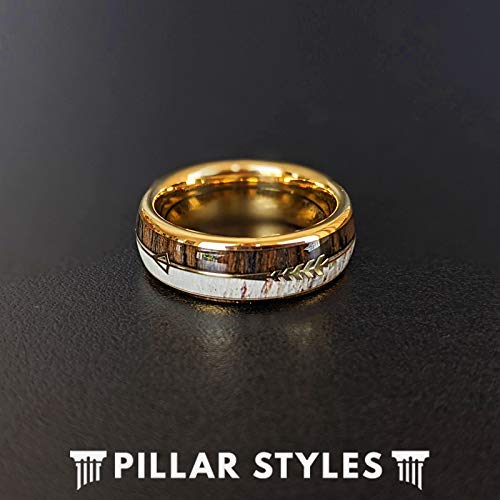 14K Gold Tungsten Men's Wedding Band with Koa Wood & Deer Antler Inlay - 8mm Rustic Boho Ring for Anniversary Gifts | Perfect for Outdoor Enthusiasts & Nature Lovers