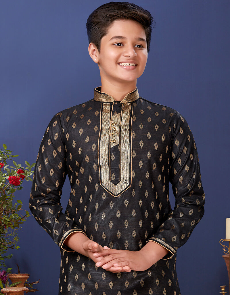 Elegant Black Kurta Pajama Set - Jacquard Silk Indian Ethnic Wear for Men - Perfect for Weddings, Festivals & Special Occasions