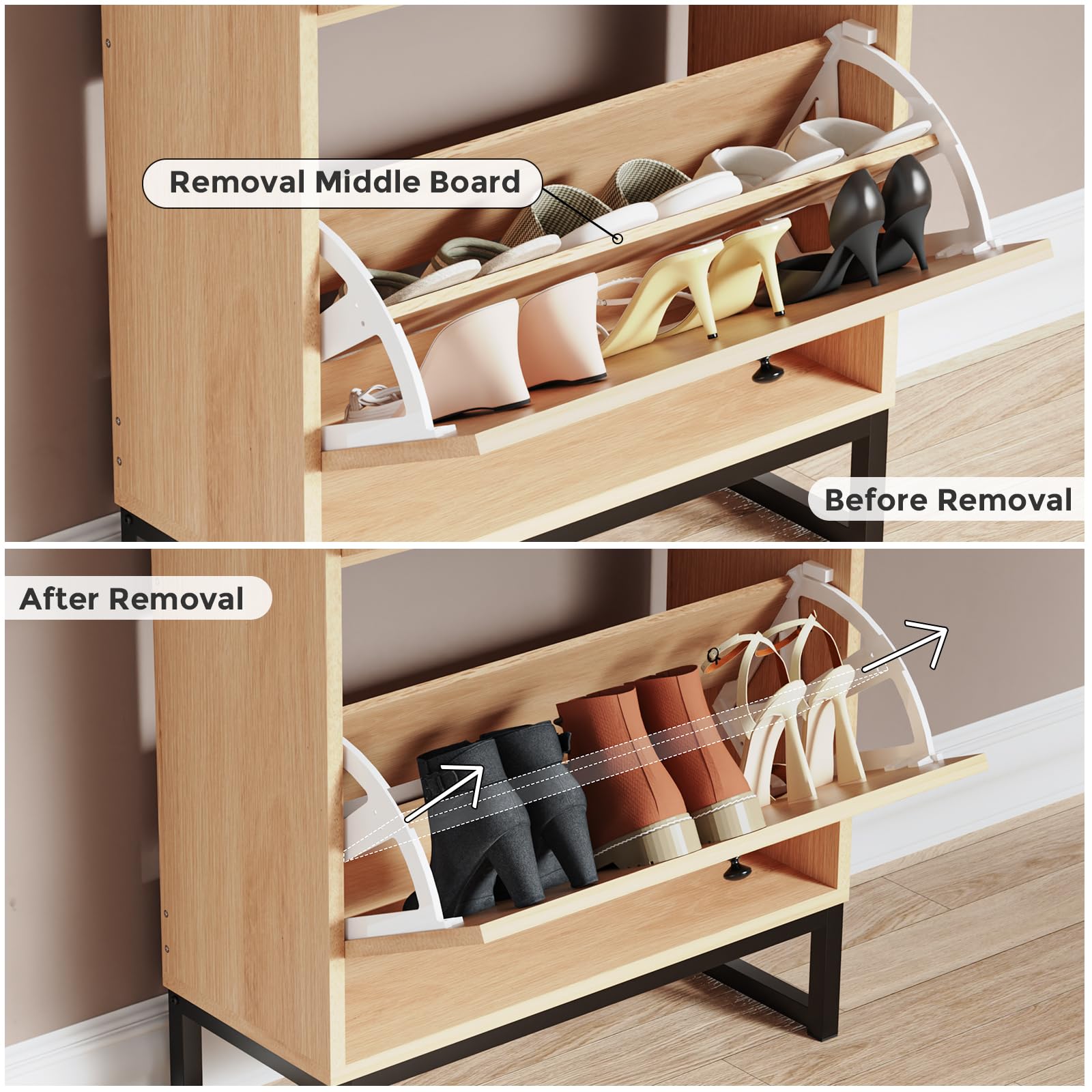 Premium KFO Shoe Cabinet with 2 Handmade Natural Rattan Flip Drawers - Entryway Shoe Storage Organizer for Sneakers, Leather Shoes & Slippers | Free Standing Shoe Rack for Hallway, Bedroom & Closet Organization