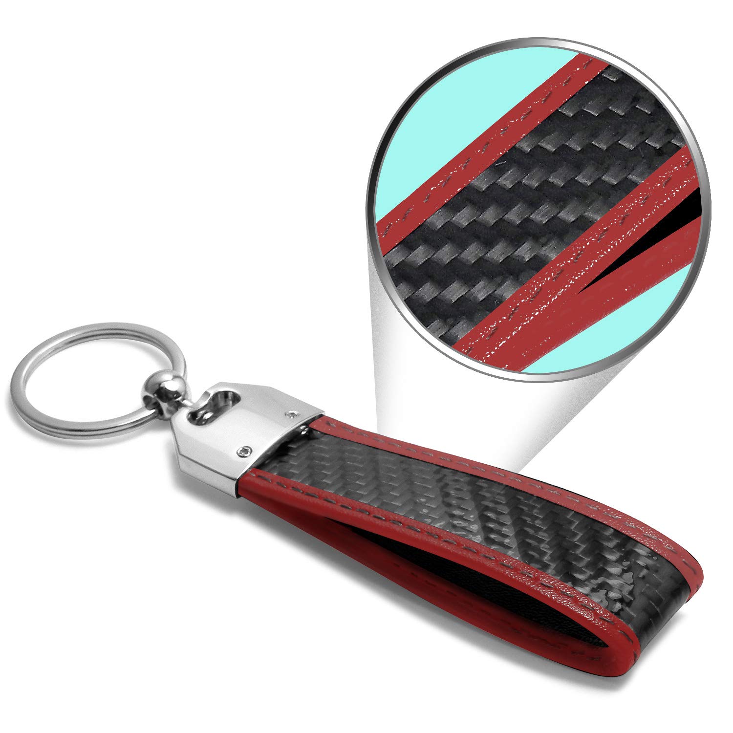 Premium Real Carbon Fiber Key Chain with Red Leather Stitching - Compatible with Jeep Wrangler - Durable & Stylish Car Accessory for Keys, Backpacks, or Gift Giving