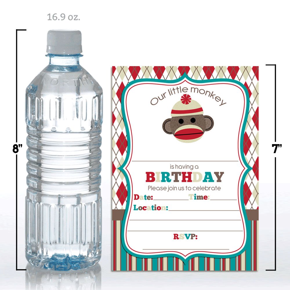 Amanda Creation Sock Monkey Birthday Party Invitations - 20 Pack 5x7 Fill-in Cards with White Envelopes | Perfect for Kids Birthday Parties, Baby Showers & Themed Events