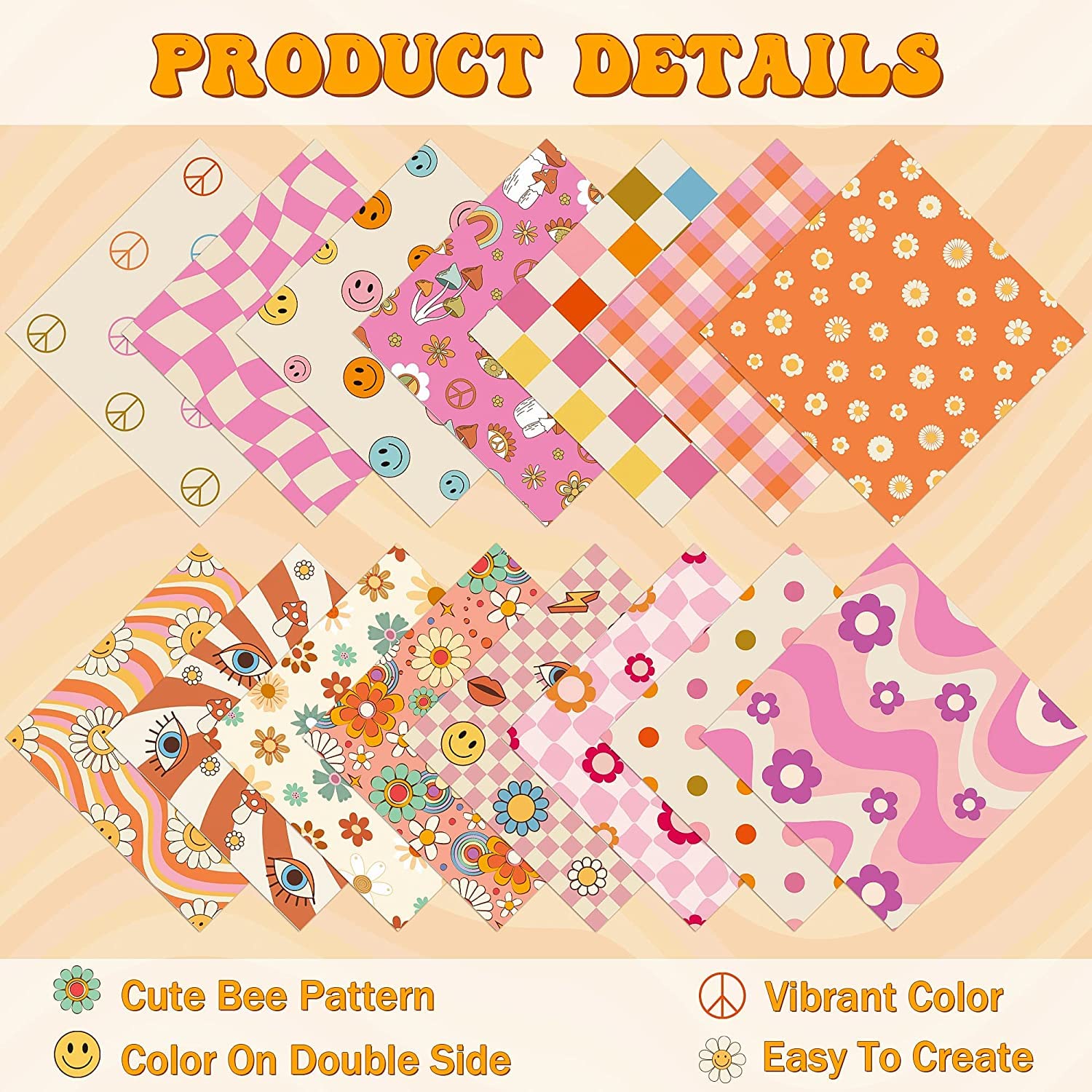 Groovy Hippie Pattern Paper - 60pcs Retro Boho Rainbow Scrapbook Paper, 11 Inch Double Sided Floral Decorative Paper for Gift Wrapping, DIY Crafts, Scrapbooking, and Home Decor