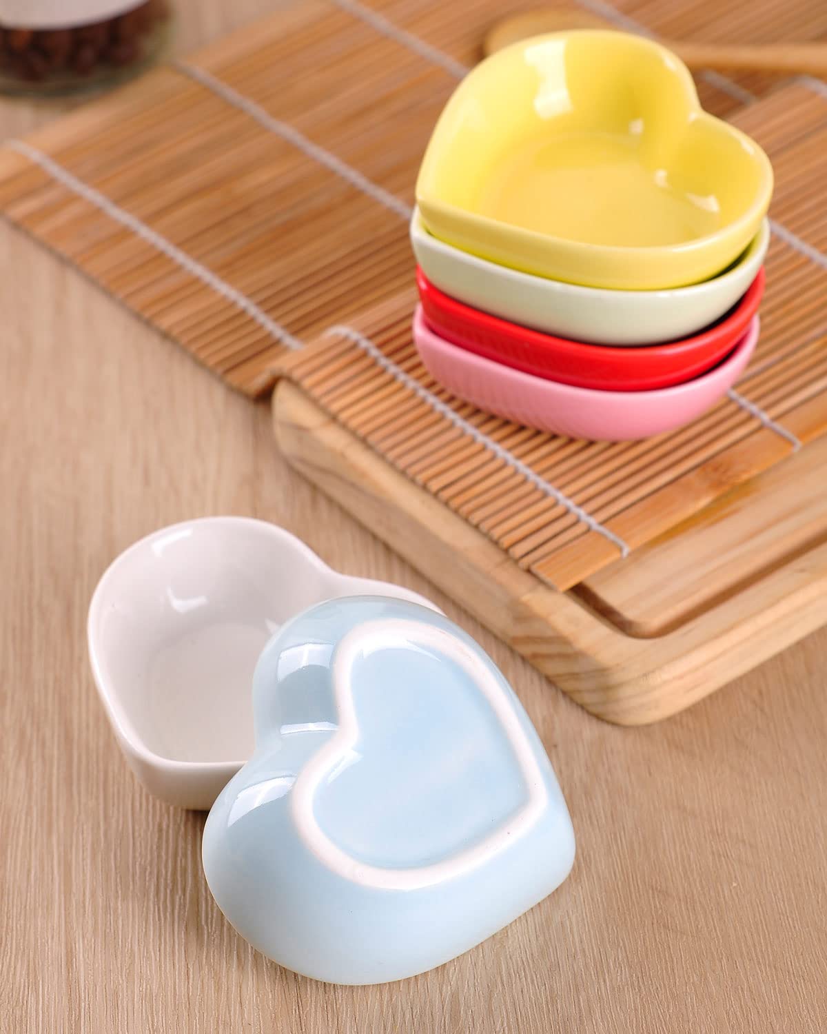 WHJY Yellow Heart-Shaped Ceramic Side Dish Bowls - Set of 6 | Contemporary Porcelain Condiment Dishes for Soy Sauce, Dipping & Seasoning | Perfect for Wedding, Birthday Parties & Home Dining Decor