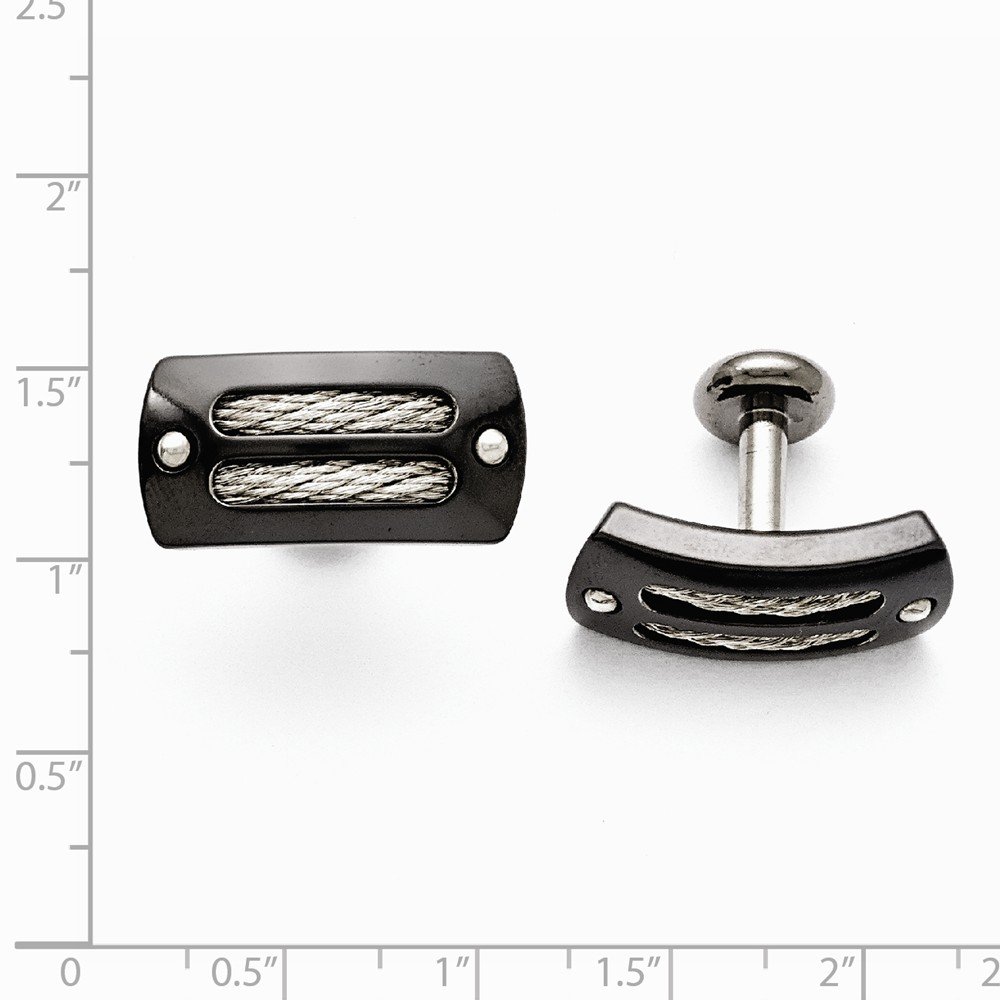 Luxury Titanium & Sterling Silver Black Polished Cufflinks with Cable Inlay - Perfect for Weddings, Business Attire & Formal Occasions