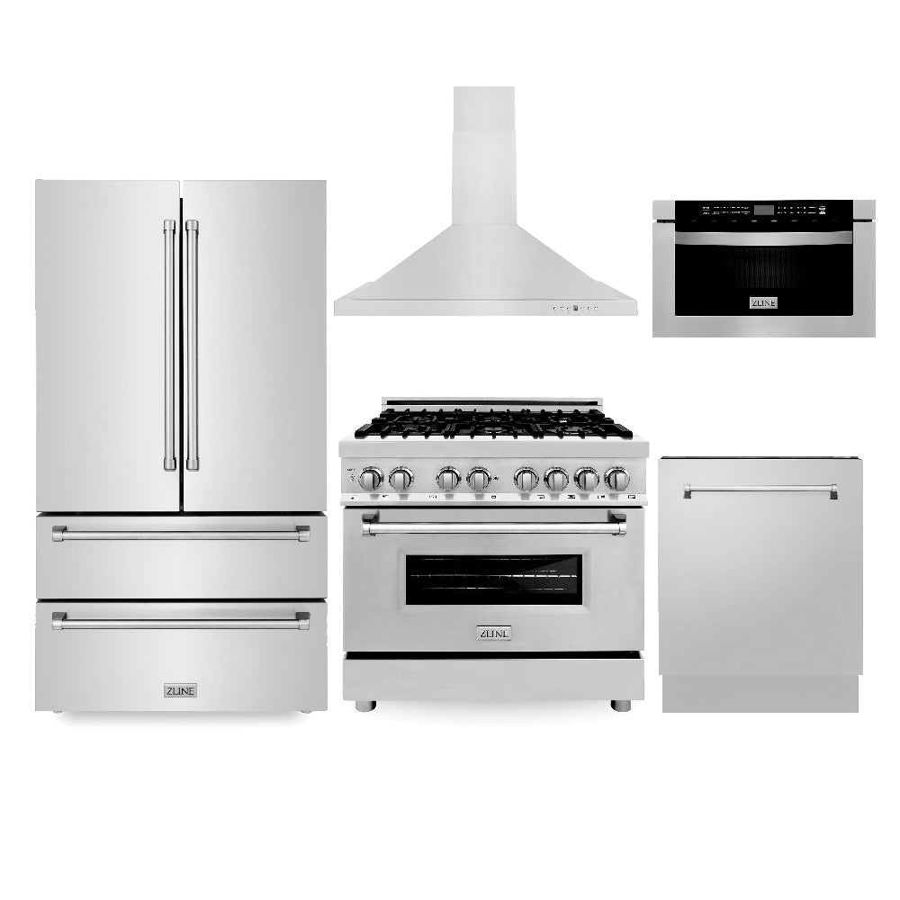 ZLINE 36-Inch Stainless Steel Kitchen Package - Dual Fuel Range, Convertible Range Hood, Microwave Drawer & Dishwasher (5KPR RARH36 MWDWV) | Premium Appliance Bundle for Modern Kitchens & Home Renovations