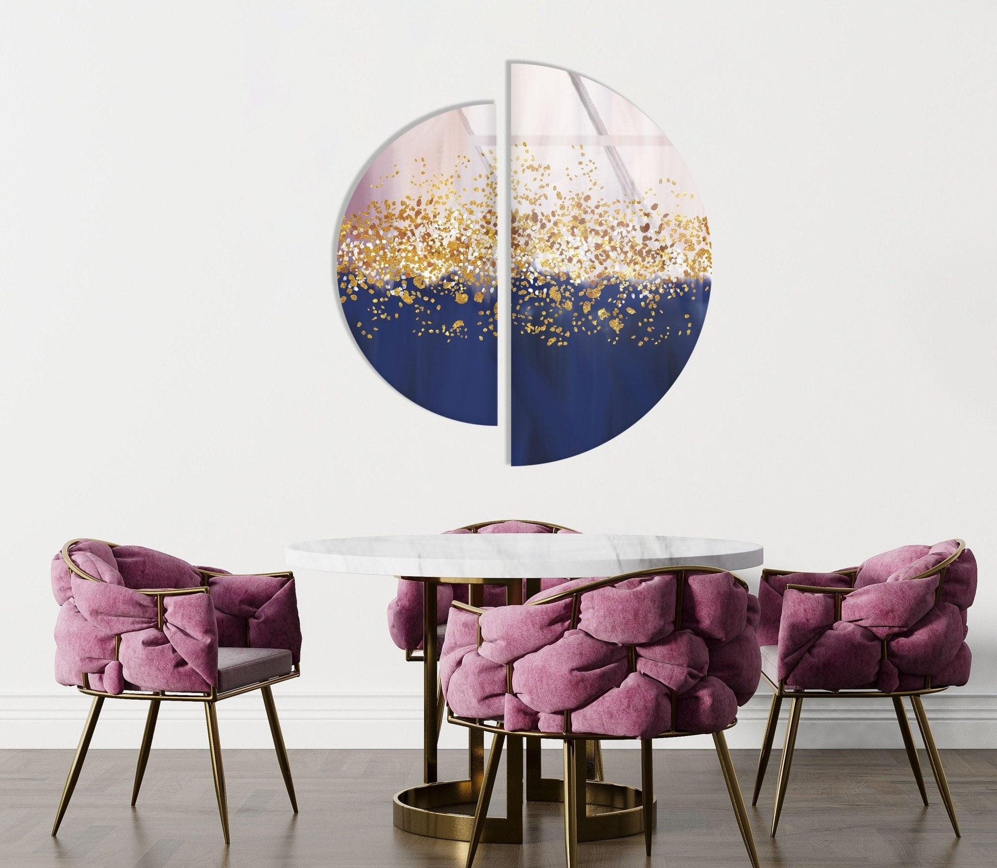 2 Piece Golden Abstract Glass Wall Art Set - Modern Home Decor for Living Room, Bedroom & Office - Elegant Handmade Glass Panel Artwork for Stylish Interior Design