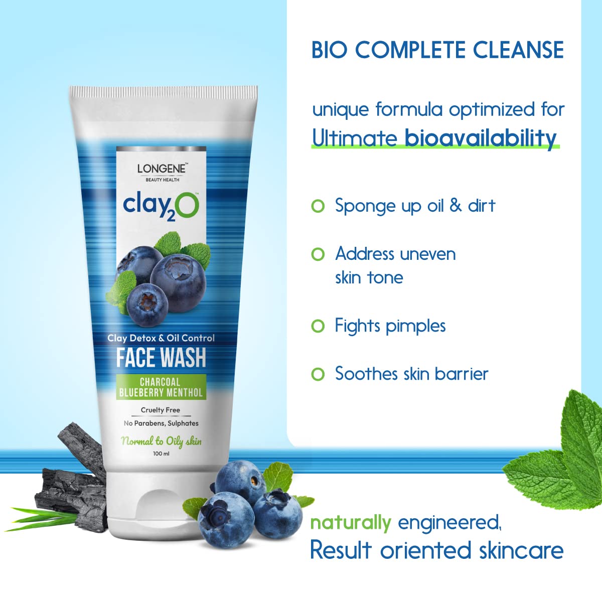 LONGENE Blueberry Charcoal Face Wash for Oily Skin - Brightening & Oil Control with 4% Niacinamide & 6 Active Ingredients | Vegan, Cruelty-Free 100ml | Perfect for Daily Deep Cleansing & Acne-Prone Skin Care Routine