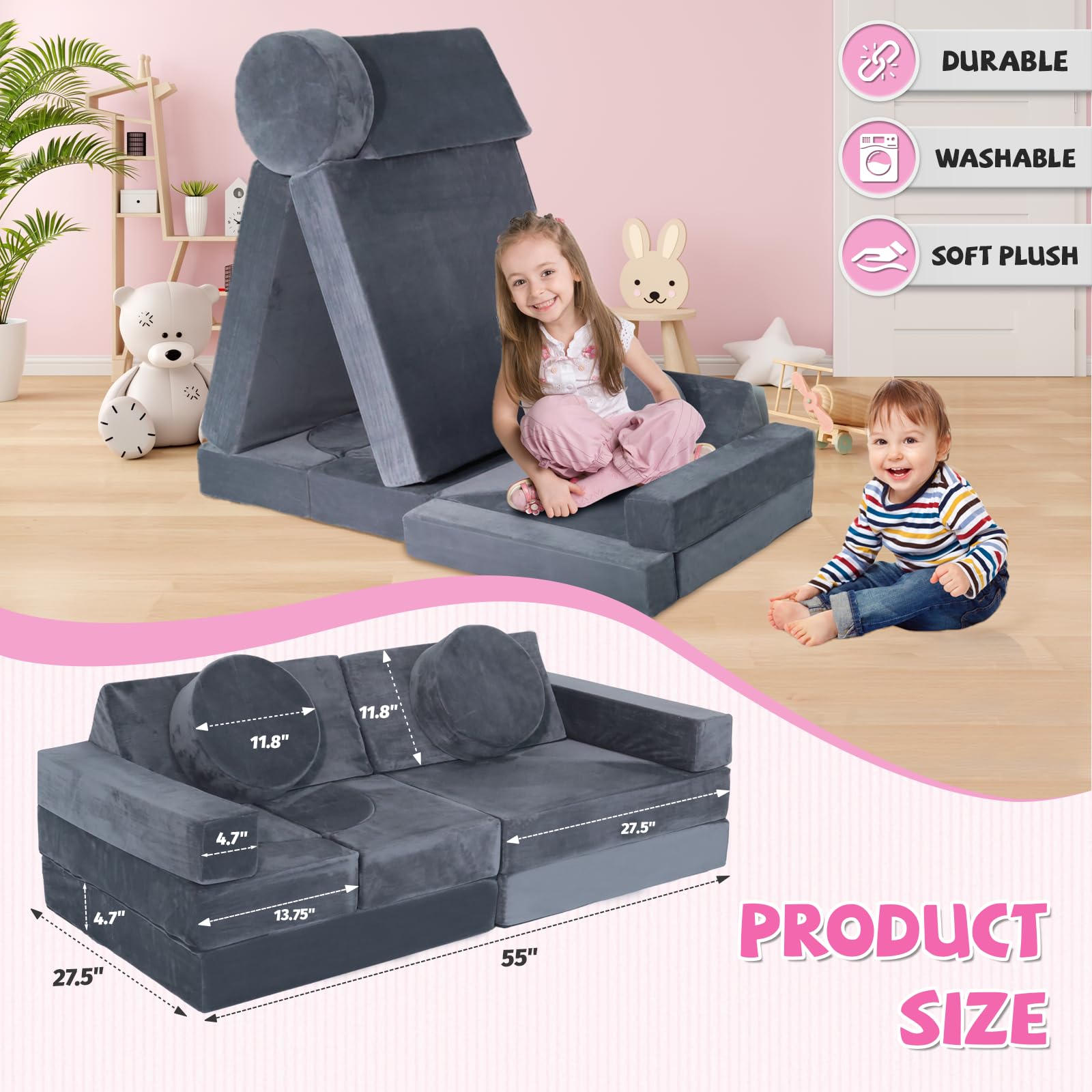 **ISBA 14-Piece Kids Play Couch Modular Sofa Set - Convertible Toddler Foam Couch for Playroom & Bedroom - Grey - Perfect for Fort Building, Lounging & Creative Play**