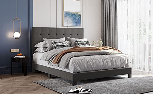 Queen Size Upholstered Platform Bed Frame with Tufted Headboard - Modern Upholstered Bed with Wood Slat Support, No Box Spring Needed, Easy Assembly (Gray) | Perfect for Master Bedrooms, Guest Rooms & Small Spaces