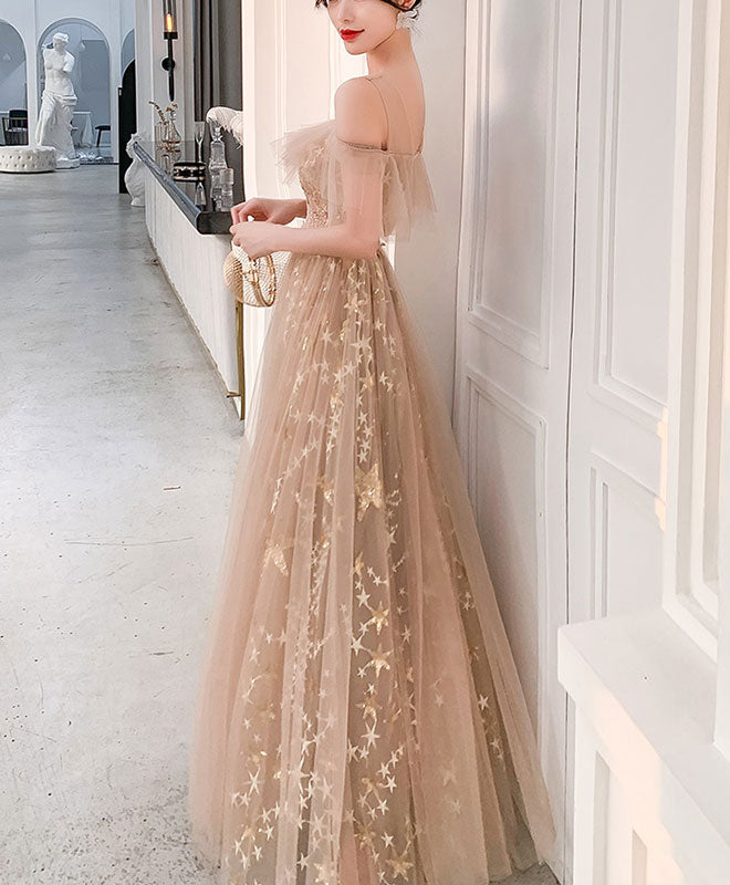 Elegant Champagne Round Neck Tulle Lace Long Prom Dress - Formal Evening Gown for Homecoming, Wedding, Ball & Special Occasions