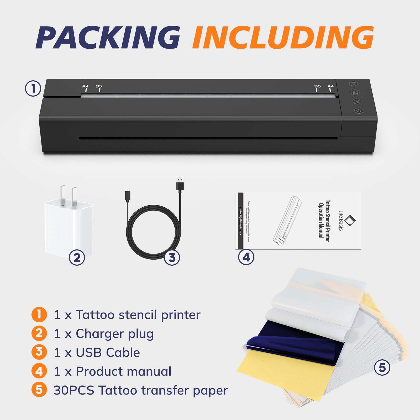 LifeBasis Wireless Tattoo Stencil Printer - Bluetooth Portable Thermal Transfer Copier Machine for Professional Tattoo Artists | Includes 30PCS Transfer Paper | Compatible with Android & iOS Phones | Perfect for Tattoo Studios, Home Use & Mobile Tattoo Services