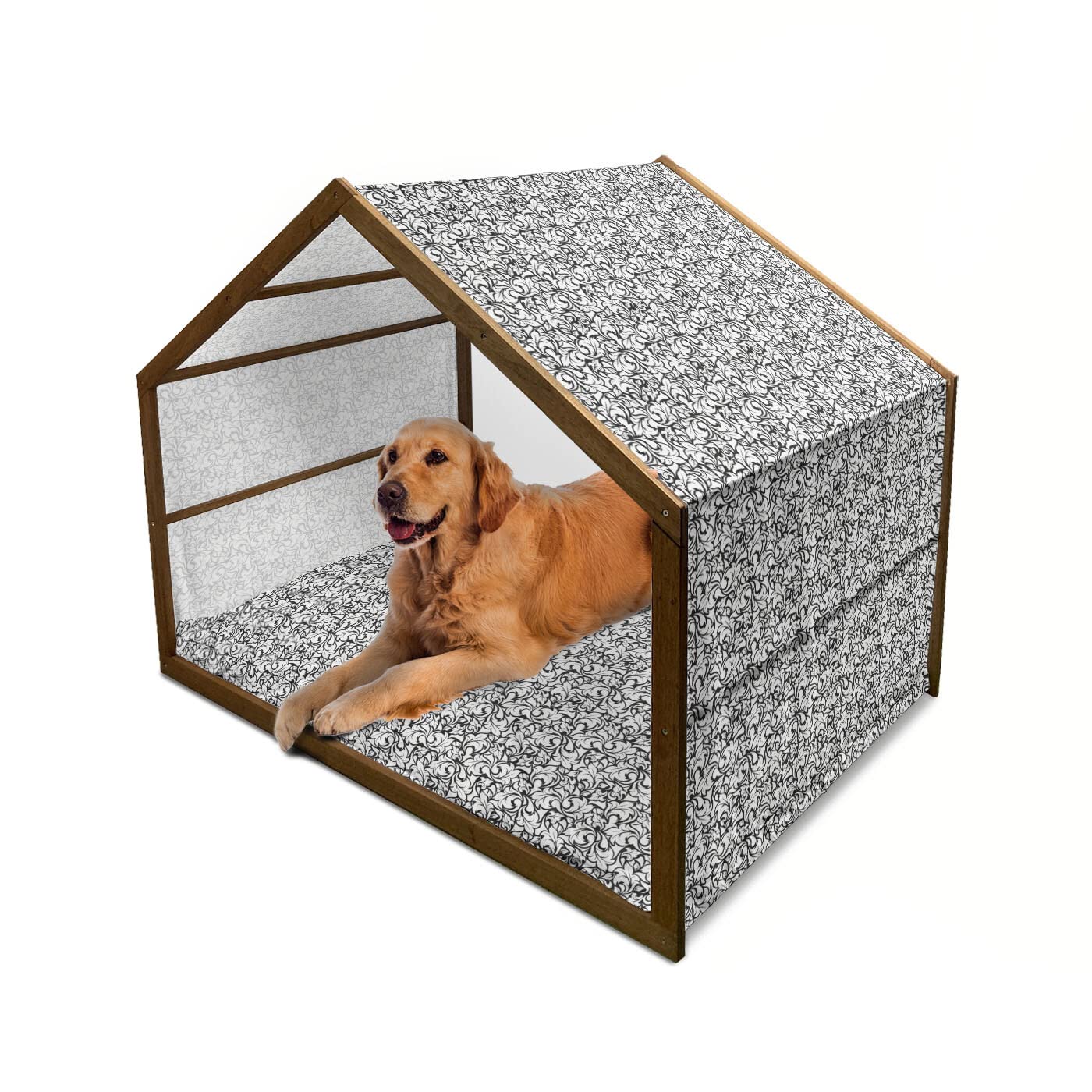Ambesonne Floral Wooden Dog House - Monochrome Leaves Abstract Design Indoor/Outdoor Portable Pet Kennel with Pillow & Cover (2X-Large, Black & White) | Botanical Print Dog Shelter for Garden, Patio, or Backyard