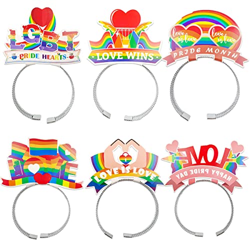 Rainbow Pride Headbands - 6PCS LGBT Hair Hoops for Gay Pride Party Decorations, Parade & Theme Events - Aluminum Paper Hair Accessories with Love is Love Wins Design - Perfect for Pride Month, LGBTQ+ Celebrations & Festive Gatherings