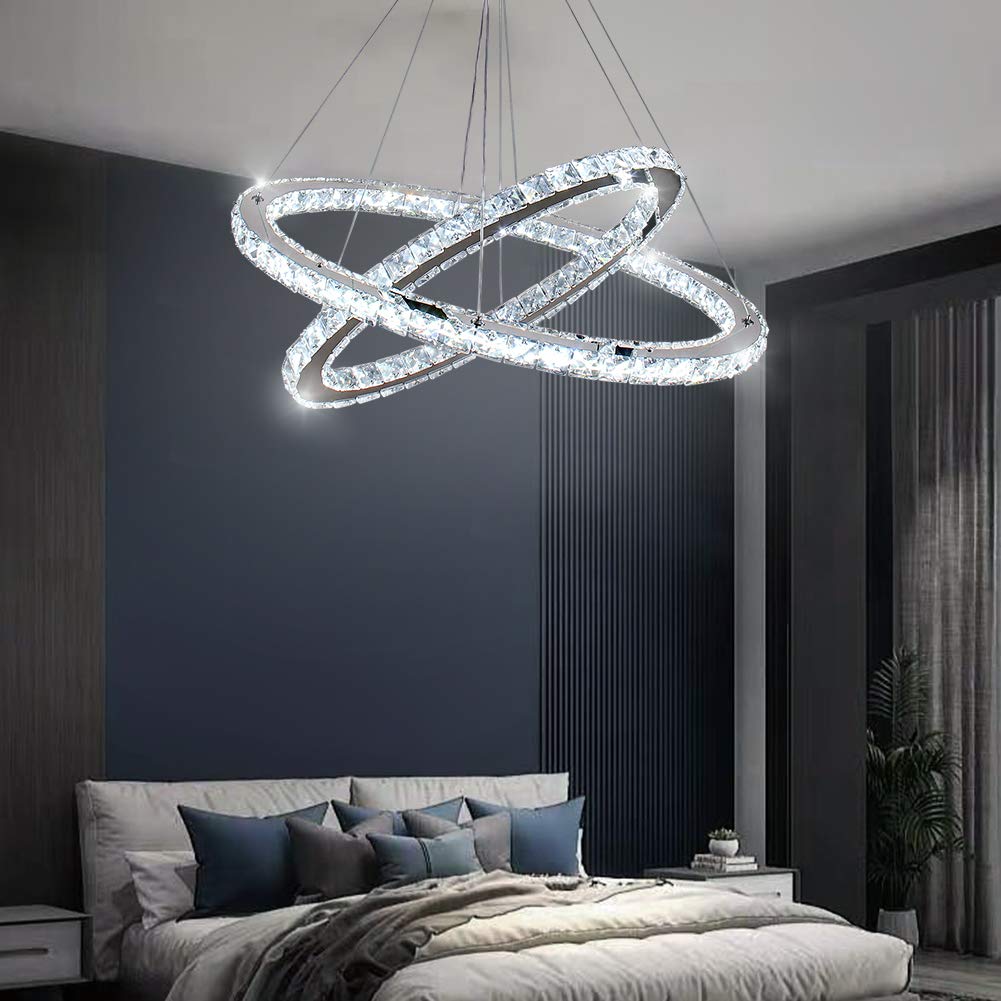 Modern Crystal Chandelier - 2-Tier Oval Pendant Light with Adjustable Height, 6000K Cool White (19.7