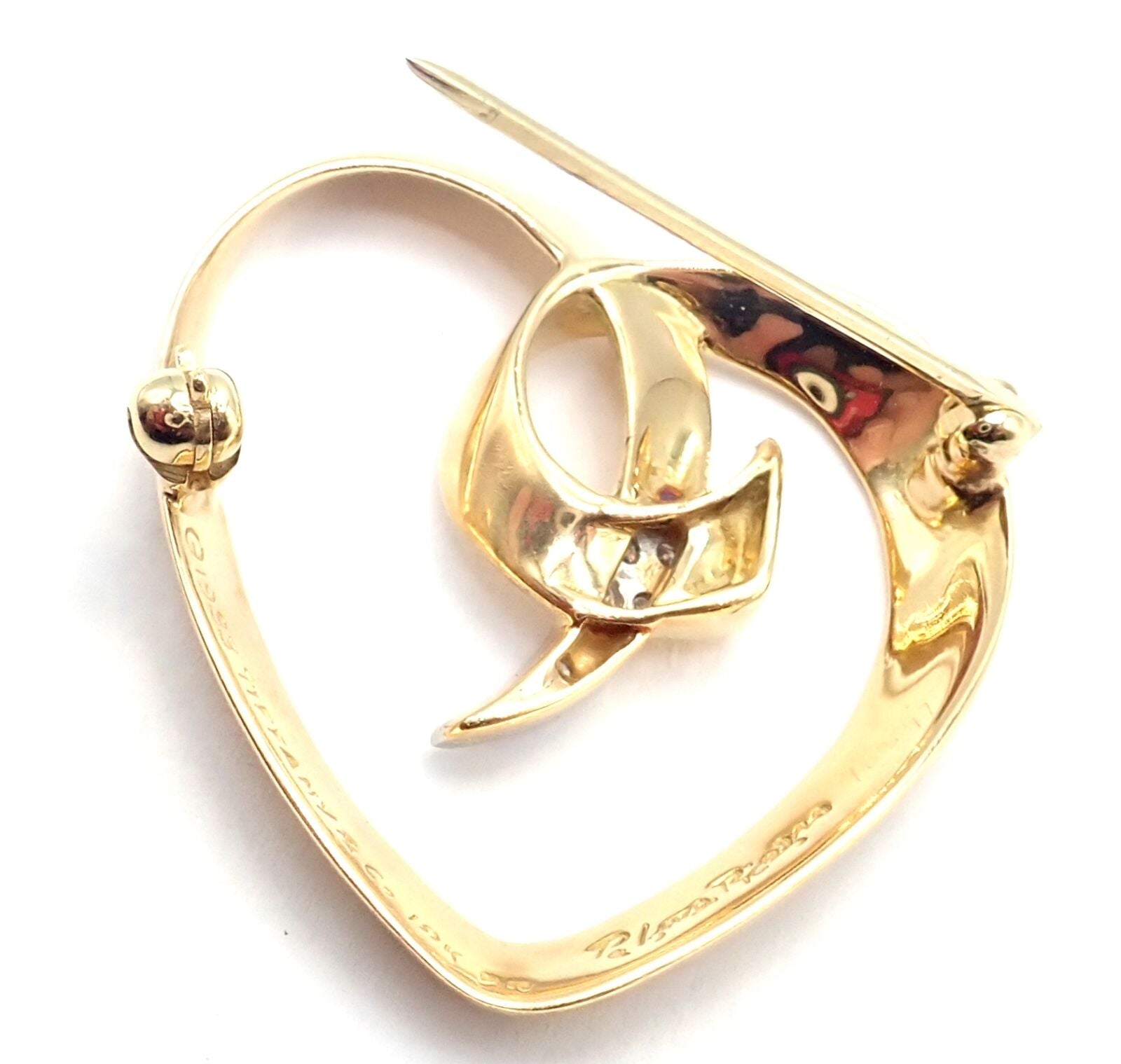 Authentic Tiffany & Co Paloma Picasso 18k Yellow Gold Diamond Heart Pin Brooch - Elegant Jewelry Gift for Women, Perfect for Weddings & Special Occasions