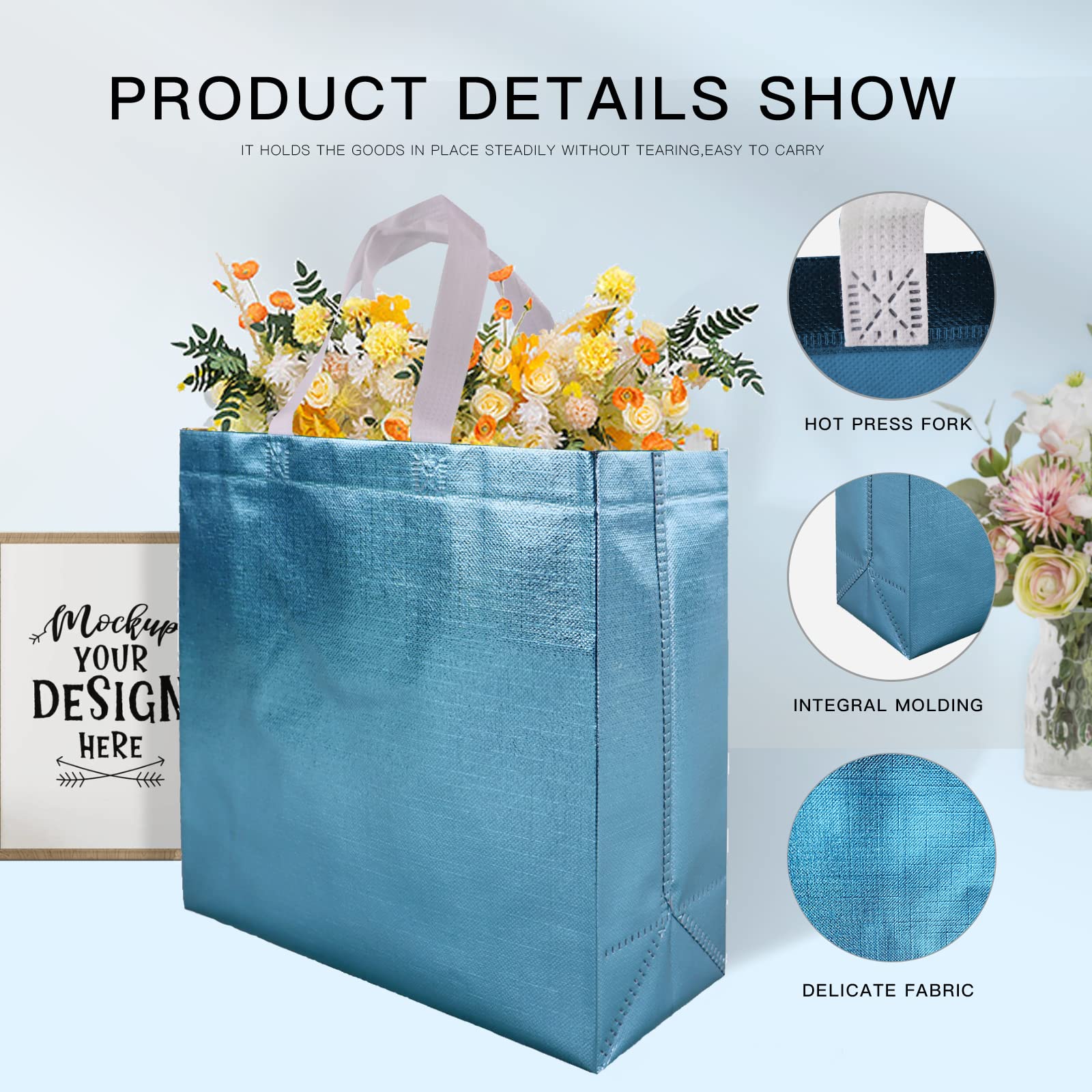 CHENGBAI 15-Pack Blue Metallic Shimmer Reusable Tote Gift Bags with Handles - Bulk Party Favor Bags for Birthdays, Weddings, Christmas & Holiday Gifting - Perfect for Gift Wrapping, Party Decorations & Event Favors