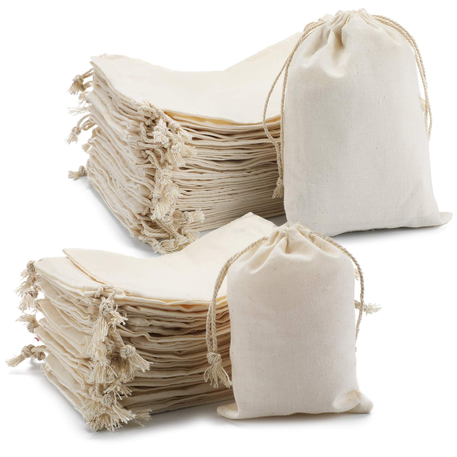 Organic Cotton Muslin Drawstring Bags - 30Pcs 5x7 inch & 20Pcs 4x6 inch Mix Size Set | Reusable Party Favor Bags, Sachet Bags, Gift Bags for Weddings, Baby Showers, Bridal Showers & DIY Crafts