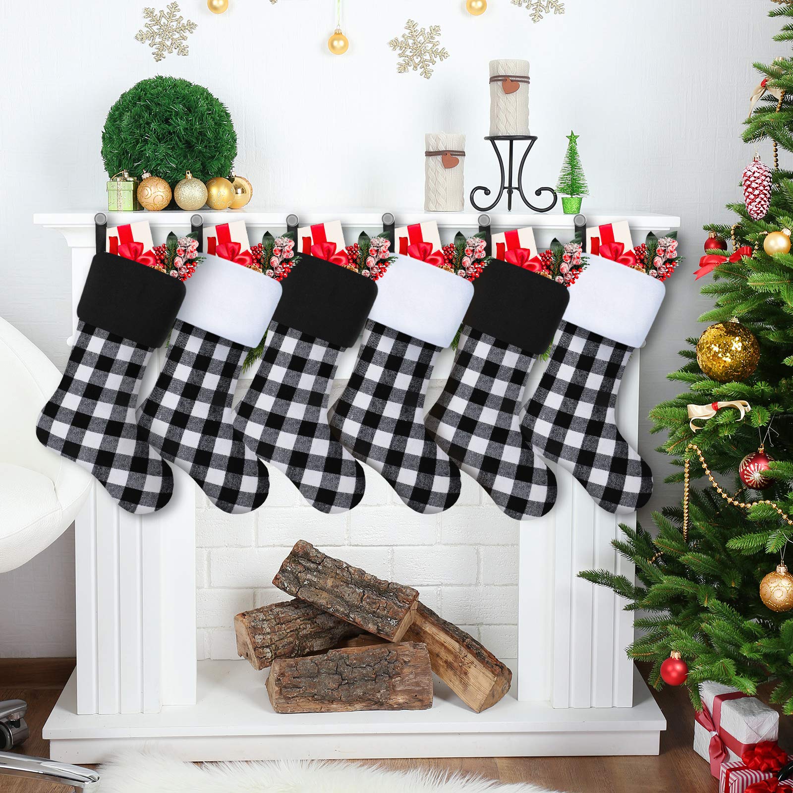 Skylety 20 Inch Christmas Stockings - Plaid Holiday Stockings with Faux Fur Cuff for Fireplace Decorations, Family Xmas Party (Black & White, Set of 6) - Perfect for Christmas Tree Decor, Gift Exchange & Festive Home Decor
