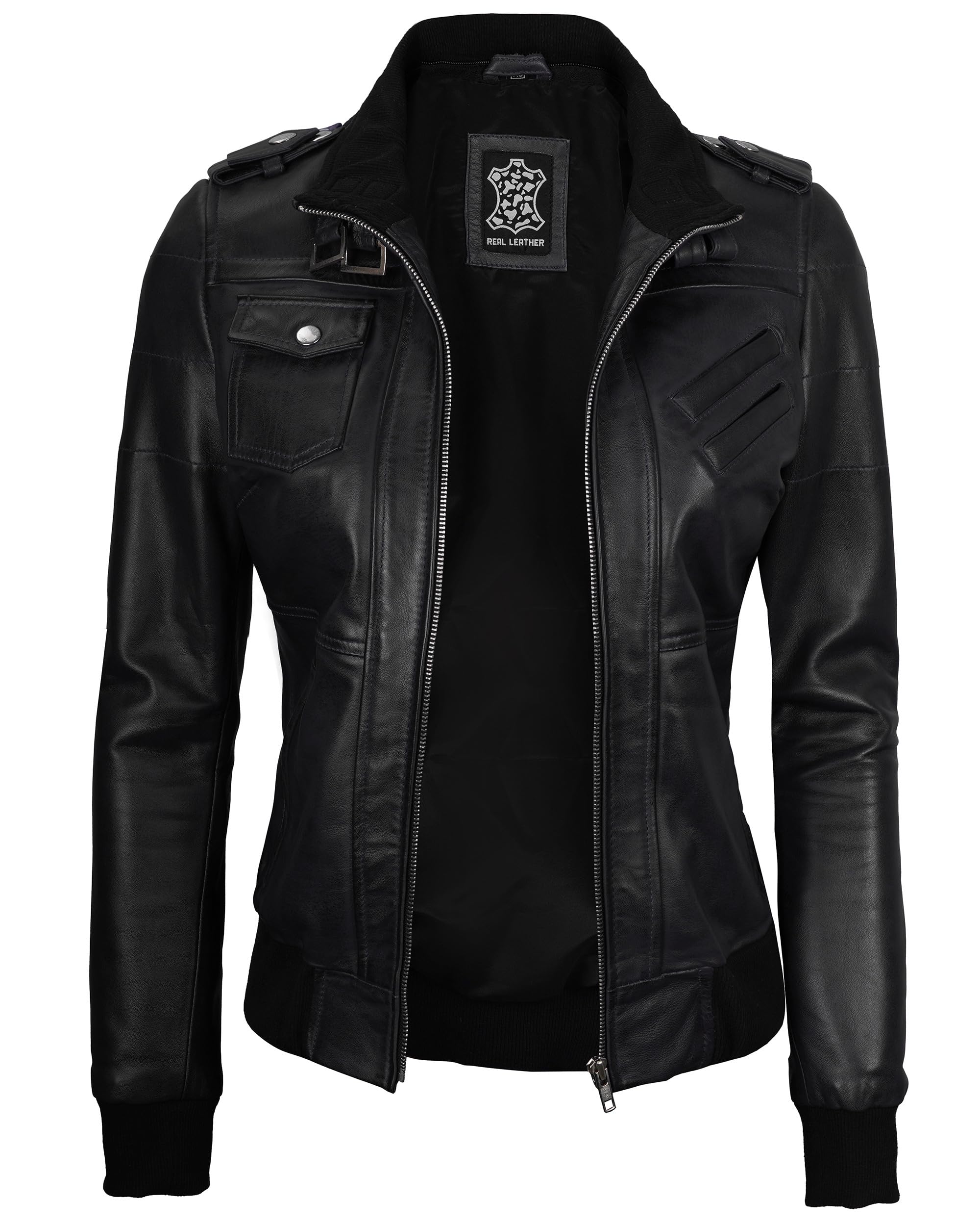 Genuine Lambskin Bomber Jacket for Women - Real Leather Jacket with Detachable Hood | Stylish Outerwear for Casual, Night Out & Fall Fashion