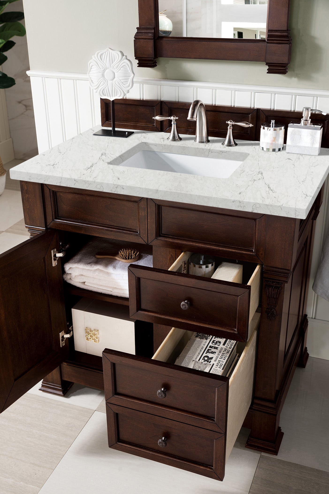 Brookfield 36 Inch Single Bathroom Vanity with Burnished Mahogany Base & 3CM Eternal Jasmine Pearl Quartz Countertop - Perfect for Modern Master Bathrooms and Powder Rooms