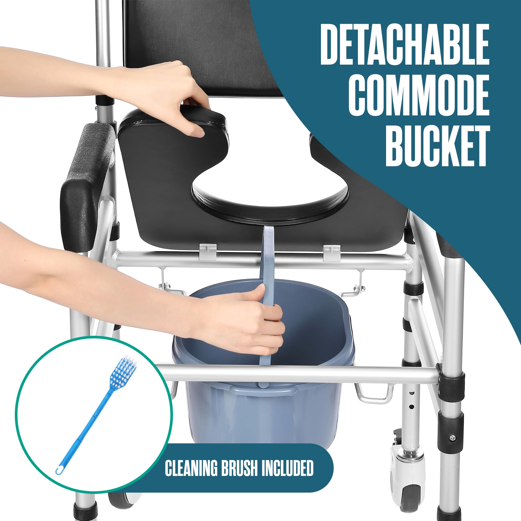Houseables Adjustable Height Shower Chair with Wheels - Rolling Shower Wheelchair for Elderly & Handicap - Portable Bath Commode Chair for Safe Bathing & Bedside Toilet Use - Ideal for Seniors, Disabled & Post-Surgery Recovery at Home