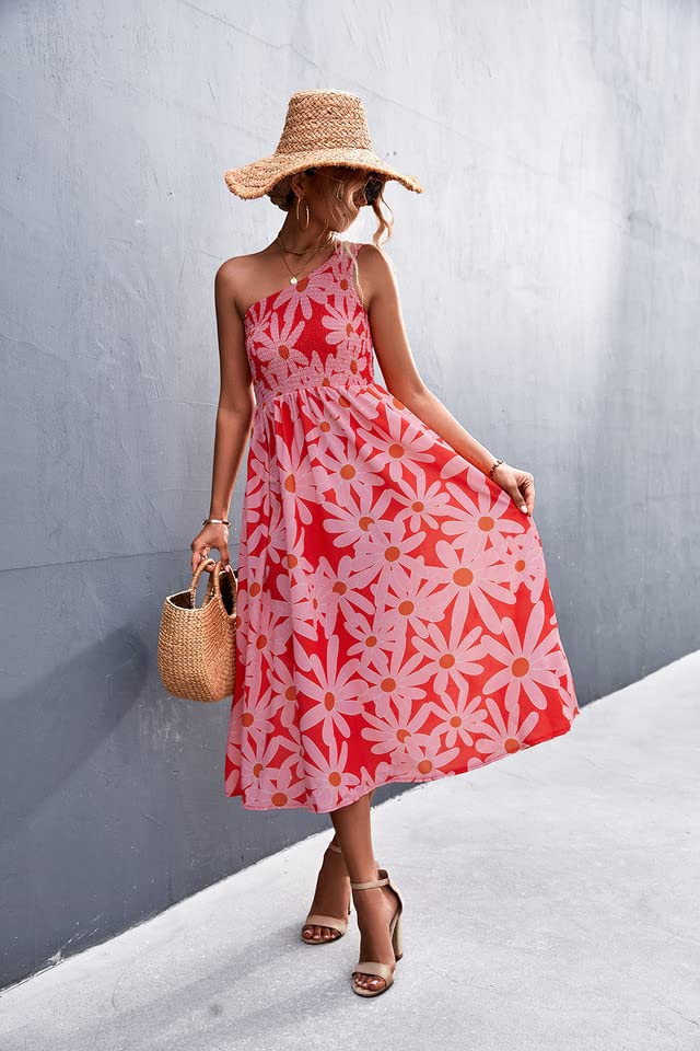 Women's Floral One Shoulder Midi Dress - 2022 Summer Boho Chic Ruffled Sleeveless Tunic Dress for Beach Vacation, Date Night & Casual Outings
