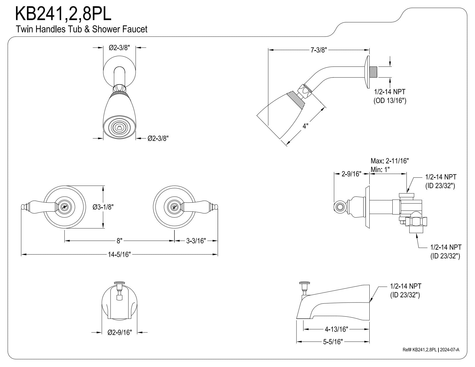 Kingston Brass KB248PL Brushed Nickel Twin Handle Tub and Shower Faucet with Decor Lever Handle - Perfect for Bathroom Renovation and Modern Home Decor