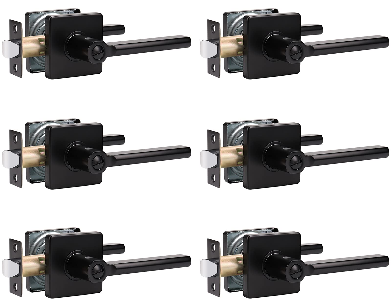 Brotima 6 Pack Heavy Duty Privacy Door Lever with Lock - Slim Square Keyless Interior Door Handle Set for Bathroom, Bedroom & Office - Modern Contemporary Design with Iron Black Finish - Perfect for Home, Apartment & Commercial Spaces