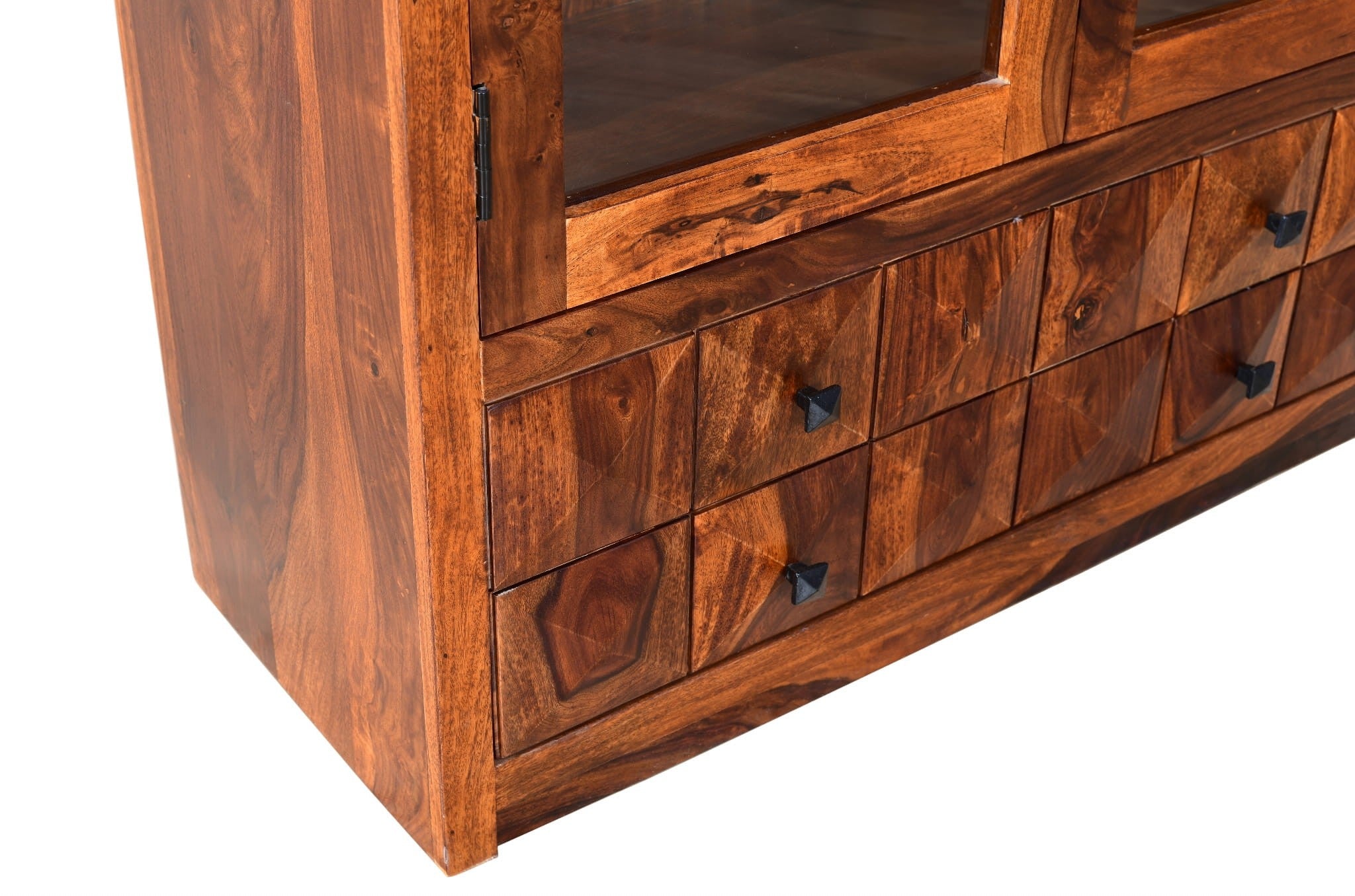 Handcrafted Diamond Indian Sheesham Solid Wood Display Cabinet with Tempered Glass - 100x40x195cm - Premium Home Decor for Living Room, Dining Room & Office Storage