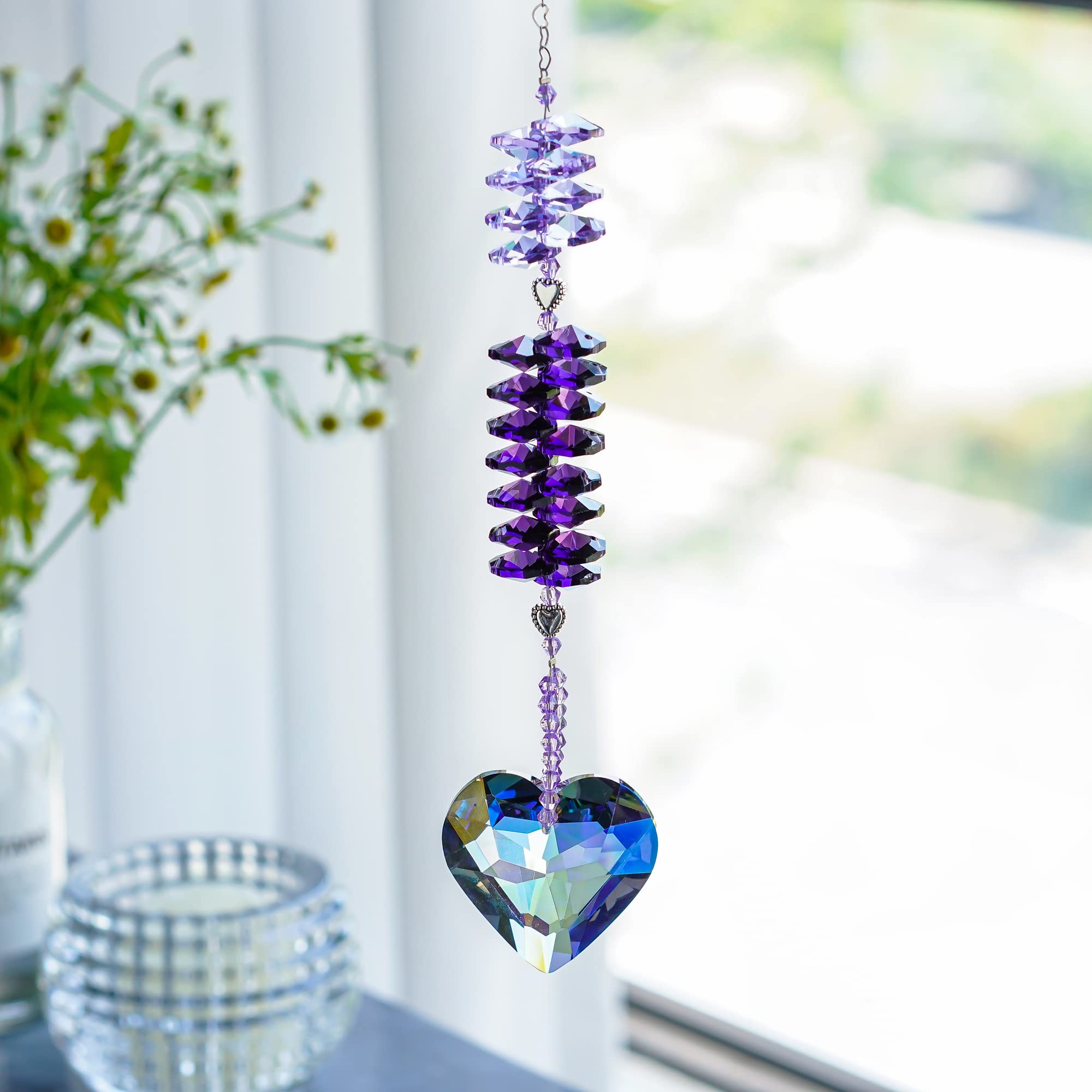 Purple Crystal Suncatcher Heart Pendant - Rainbow Maker Window Decor for Home, Wedding & Christmas Gifts - Creates Beautiful Light Reflections for Living Rooms, Bedrooms & Gardens