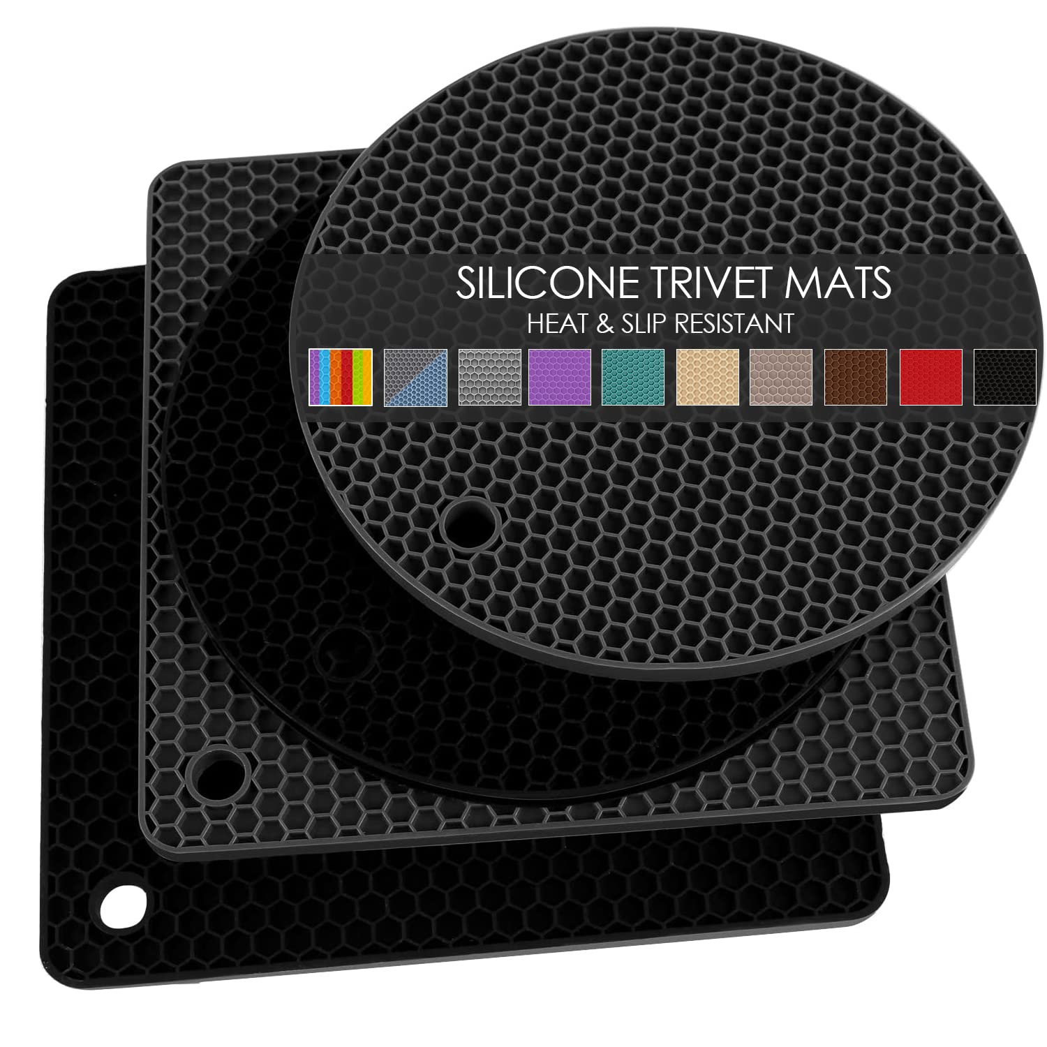 **4-Pack Silicone Trivet Mats - Heat Resistant Pot Holders for Hot Pans & Pots - Countertop Protectors for Tables, Kitchen Countertops, Spoon Rests & Large Coasters (2 Square + 2 Round Mats, Black & Gray) - Perfect for Cooking, Baking & Serving**
