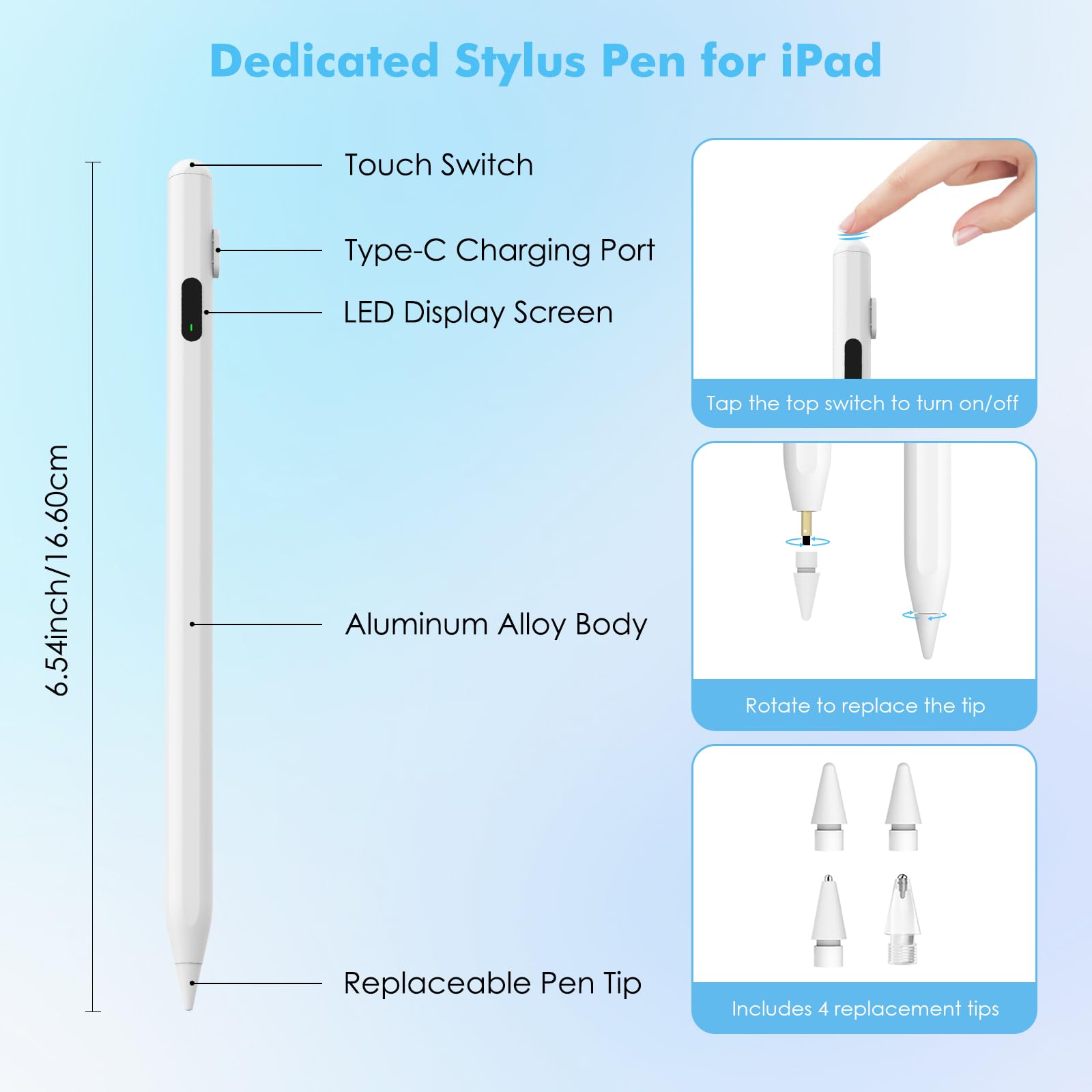 MoKo Stylus Pen for iPad 2018-2024 | USB-C Rechargeable Apple Pencil Alternative with LED Power Display | Compatible with iPad Pro 13/11