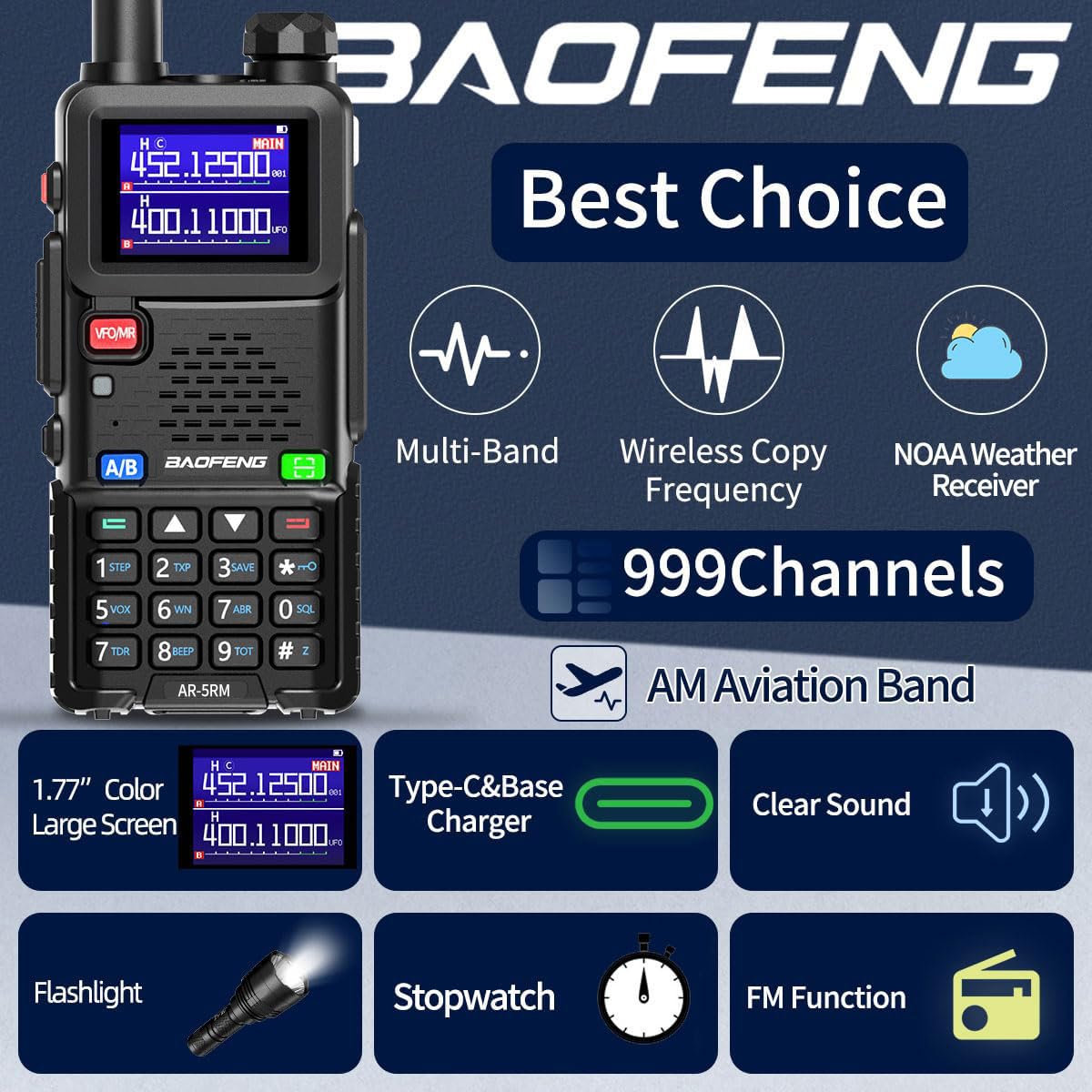 BAOFENG 5RM 10W Long Range Ham Radio Handheld NOAA Weather Receiver with 2500mAh Rechargeable Battery, Programming Cable, Speaker Mic & Type-C Charging - 2 Pack Walkie Talkies for Outdoor Adventures, Emergency Communication, and Group Activities