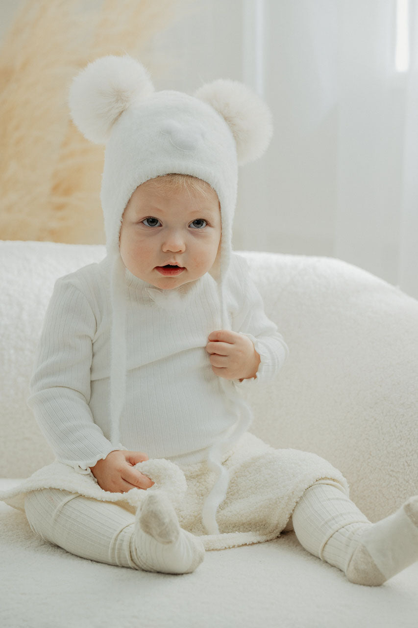 Soft Ivory Cashmere Bear Pom Pom Hat - Cozy Winter Beanie for Women & Girls - Perfect for Cold Weather, Outdoor Activities & Fashion Accessories