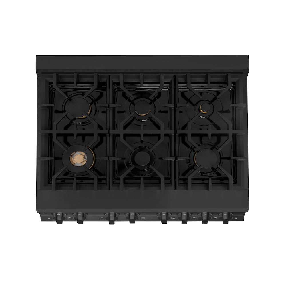 ZLINE 36-inch Black Stainless Steel Kitchen Package - Dual Fuel Range, Range Hood & Microwave Drawer (4KPR RABRH36 MW) | Premium Appliance Bundle for Modern Kitchens & Home Renovations