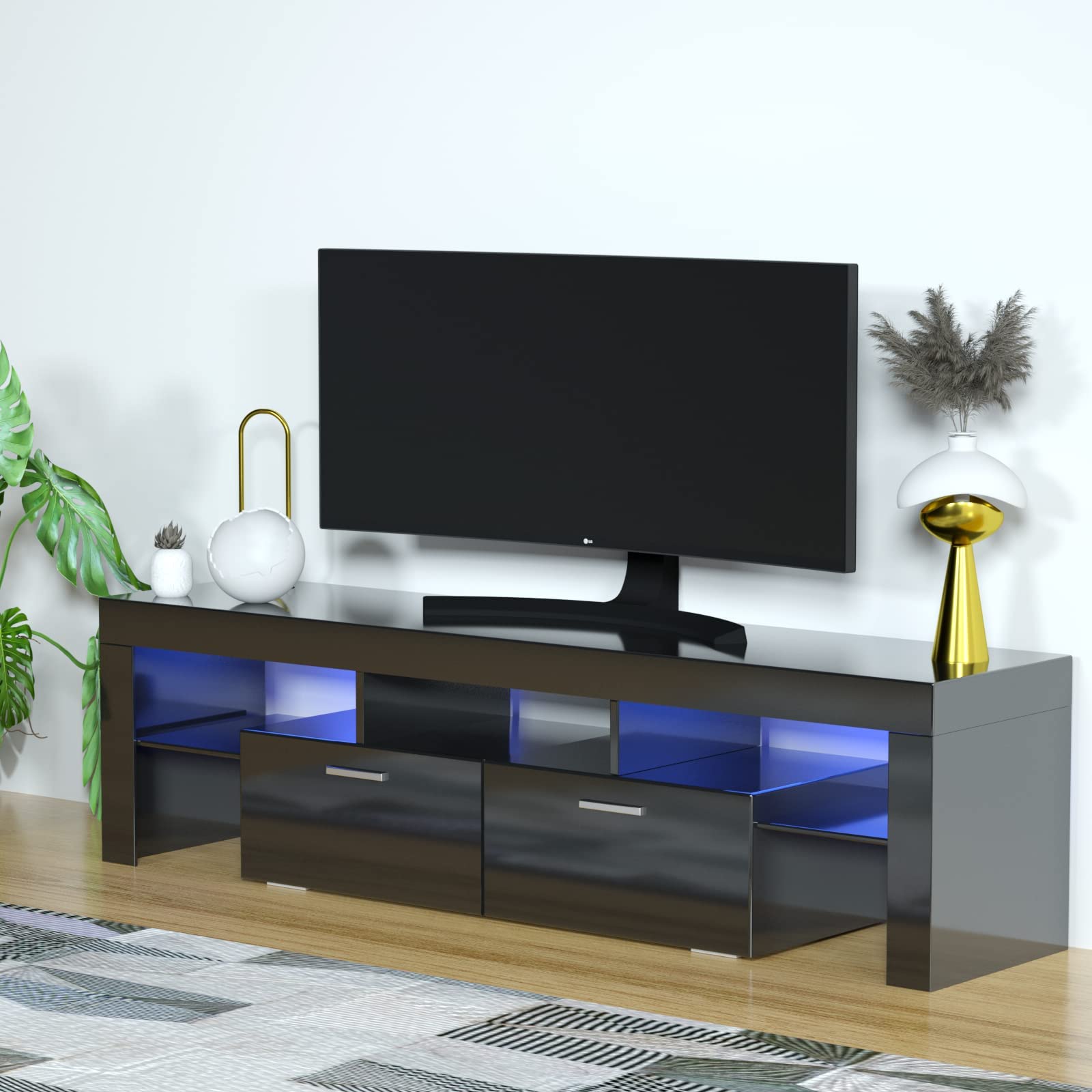 Modern Pouseayar TV Stand with LED Lights & 2 Storage Drawers - Entertainment Center for 65-70 Inch TVs - Media Console TV Cabinet for Living Room & Bedroom - Perfect for Movie Nights & Home Entertainment Setup
