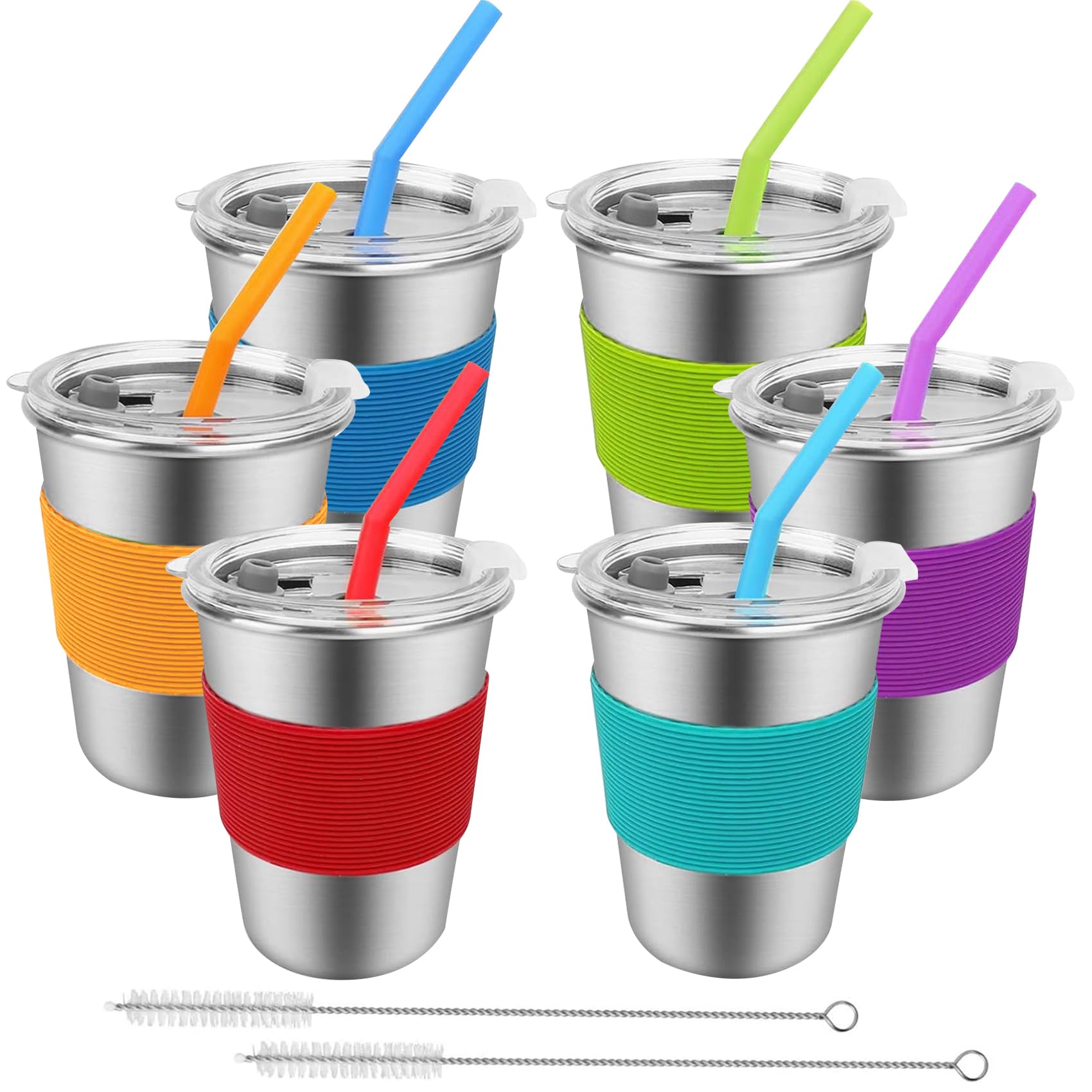 6 Pack 12oz Spill Proof Stainless Steel Kids Cups with Lids & Straws - BPA-Free Unbreakable Toddler Drinking Glasses for Boys & Girls - Ideal for School, Travel, Picnics & Outdoor Activities