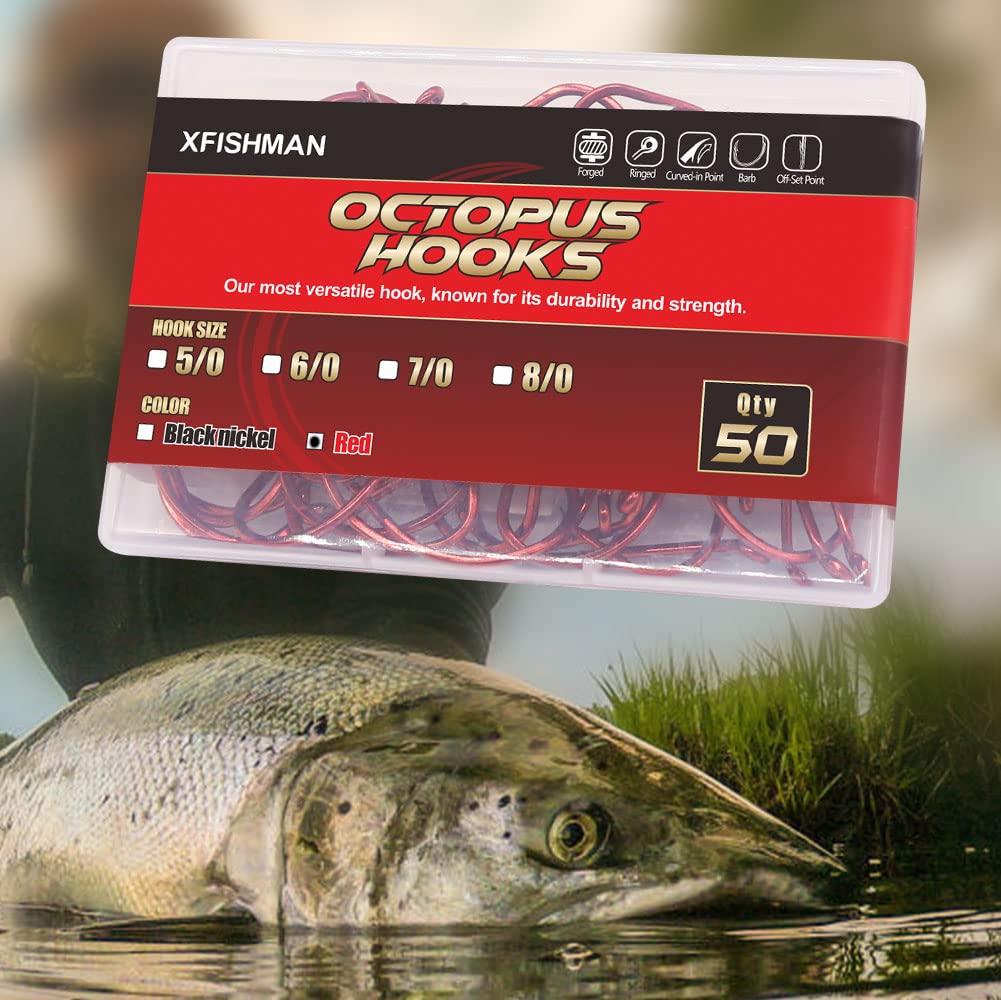 Octopus Fishing Hooks - Circle Beak Hooks for Freshwater Fishing (Red & Black, 100/50 Pack) - Perfect for Bass, Trout, and Catfish Angling