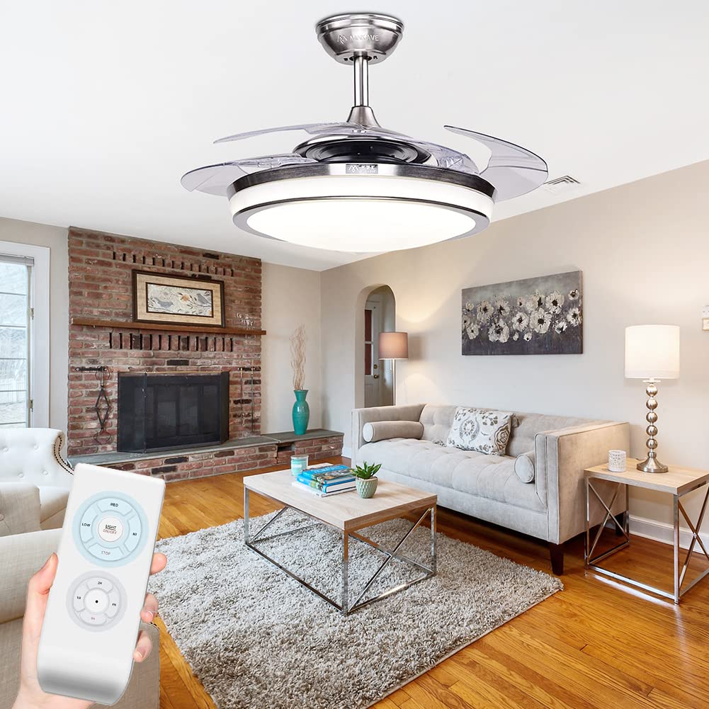42 Inch Retractable Blade Ceiling Fan with Remote Control & LED Light - Silent Motor, Modern Chandelier Fan for Bedroom, Living Room, and Dining Room