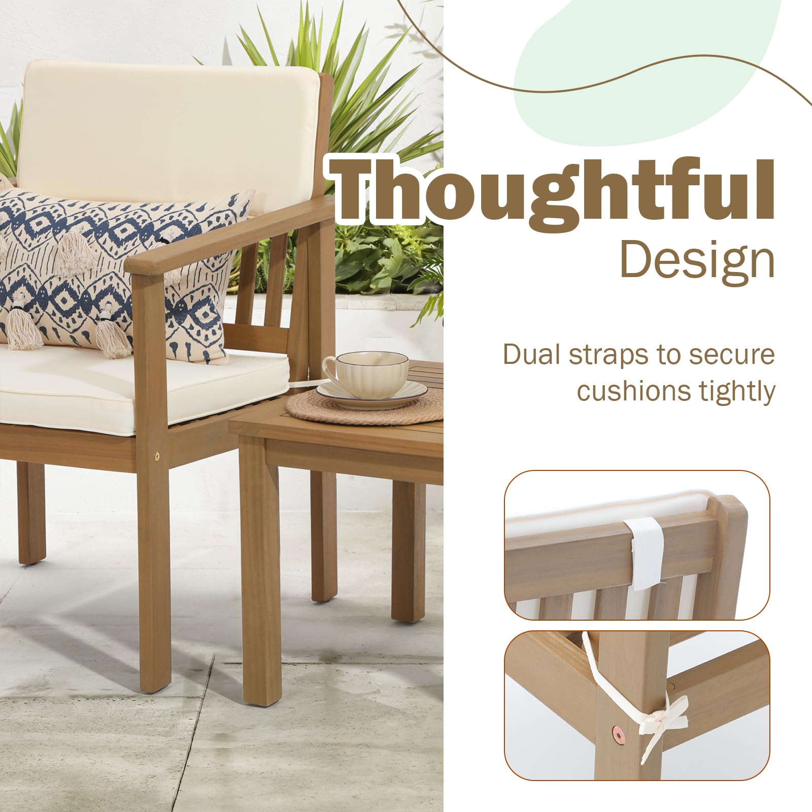 Premium 3-Piece Acacia Wood Outdoor Patio Furniture Set - FSC Certified Bistro Table & Chairs with Cream Cushions for Balcony, Porch, Backyard | Perfect for Garden Dining, Coffee Mornings & Outdoor Relaxation